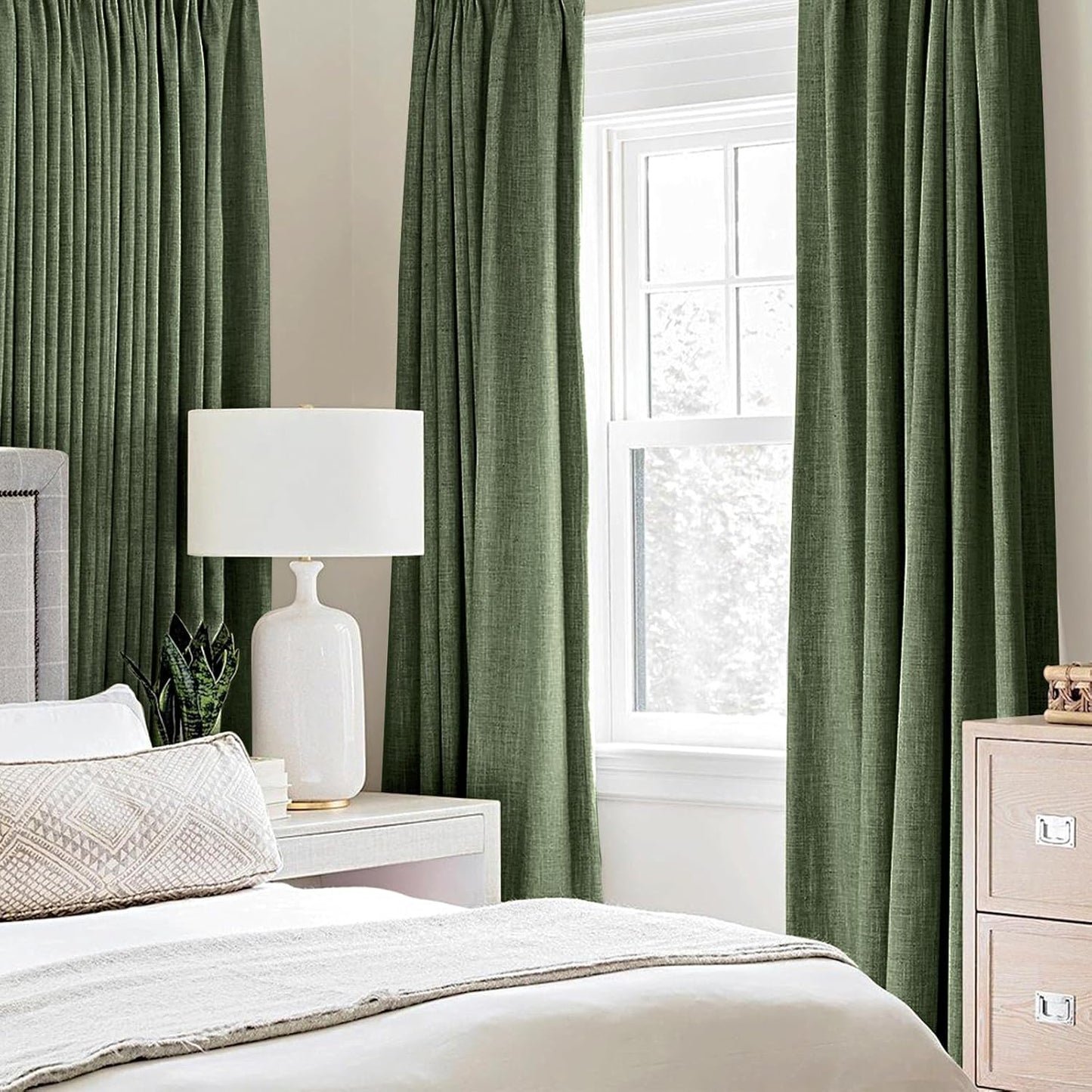 MIULEE 100% Blackout Linen Textured Curtains for Bedroom Solid Thermal Insulated Olive Green Grommet Room Darkening Curtains & Drapes Luxury Decor for Living Room Nursery 52 x 90 Inch (2 Panels)