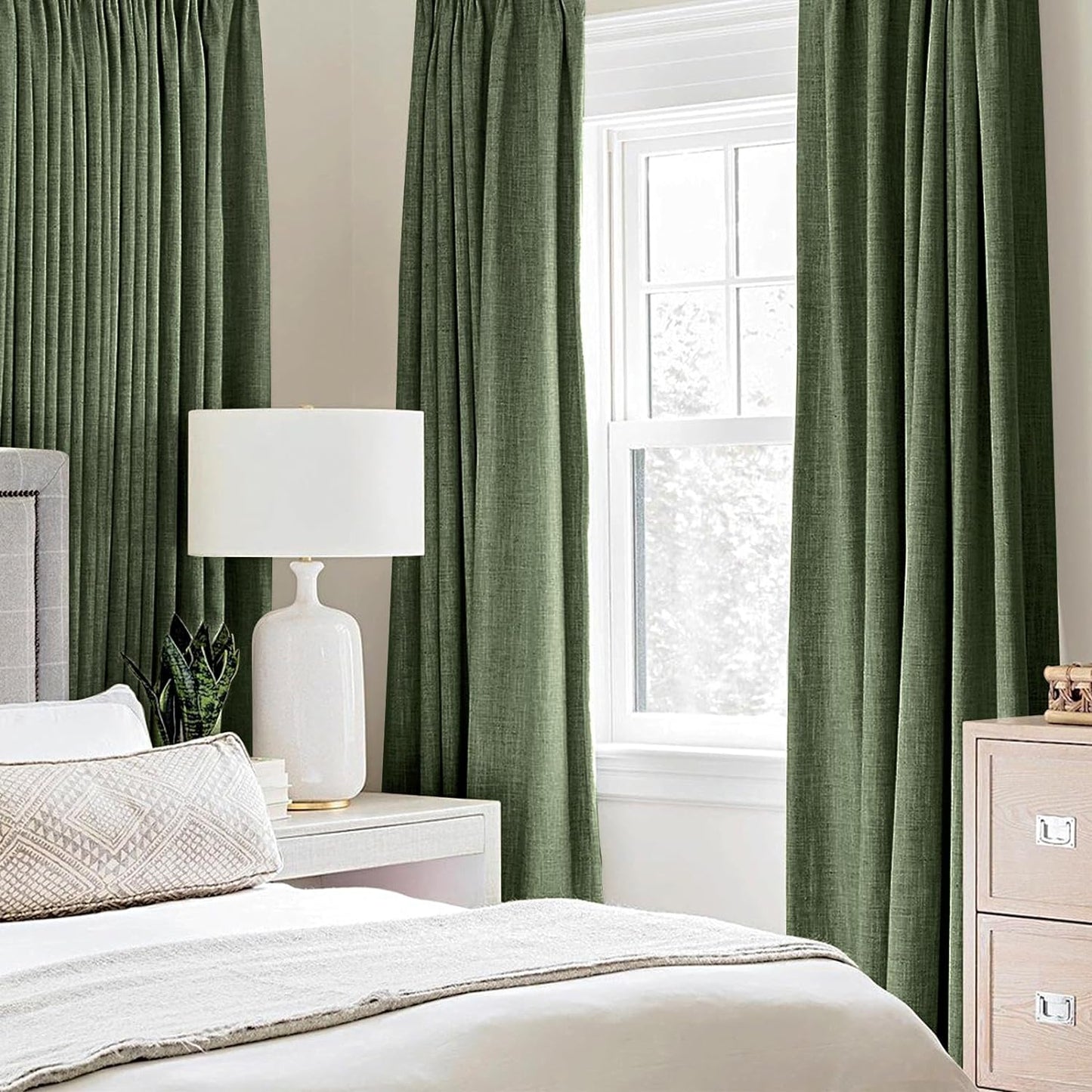 MIULEE 100% Blackout Linen Textured Curtains for Bedroom Solid Thermal Insulated Olive Green Grommet Room Darkening Curtains & Drapes Luxury Decor for Living Room Nursery 52 x 108 Inch (2 Panels)