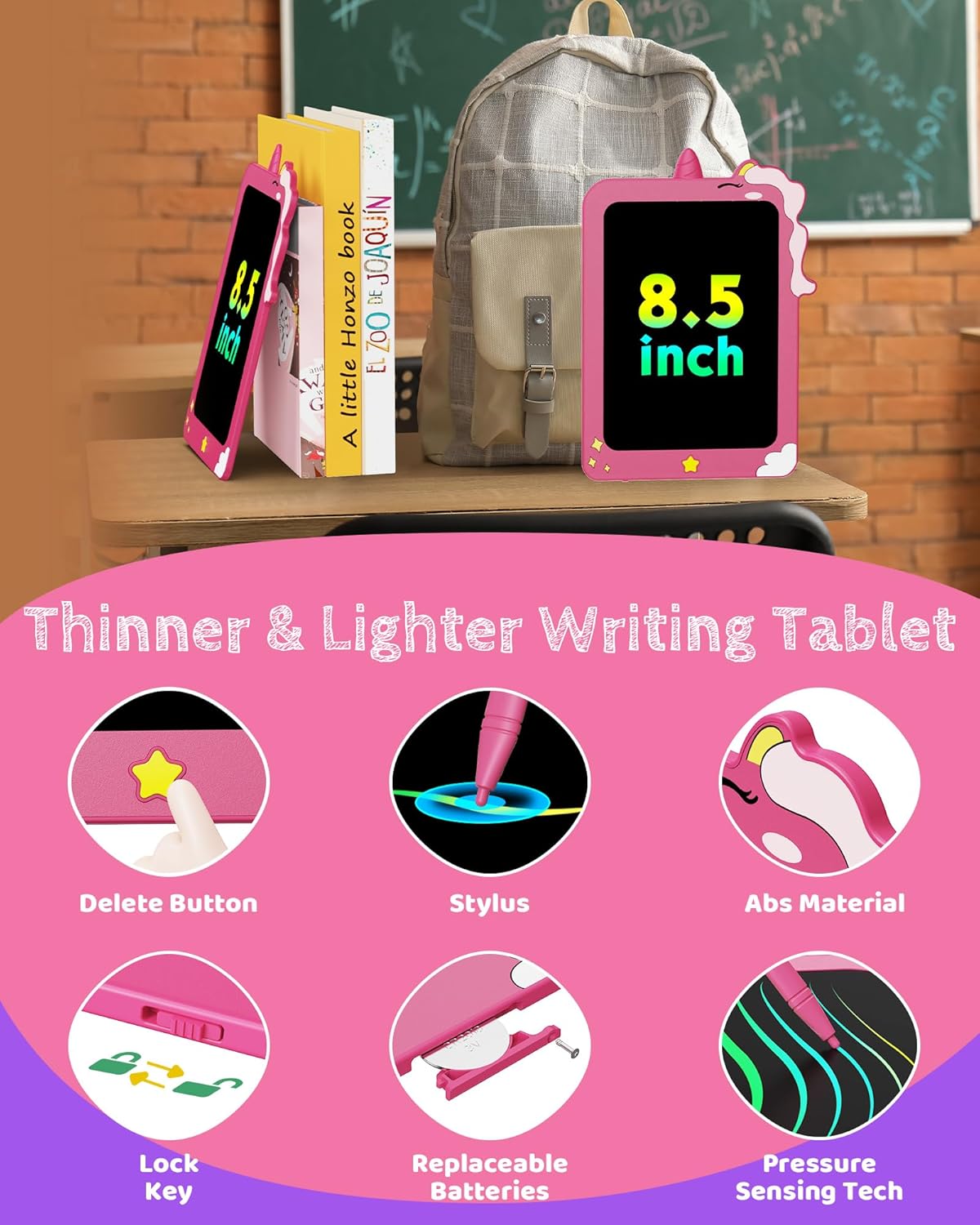 TEKFUN LCD Writing Tablet for Kids, 8.5 Inch Unicorn Toddler Doodle Board, Drawing Tablet, Reusable Electronic Pads Educational and Learning Toy Gift for 3-8 Years Old Boy and Girl (Pink)