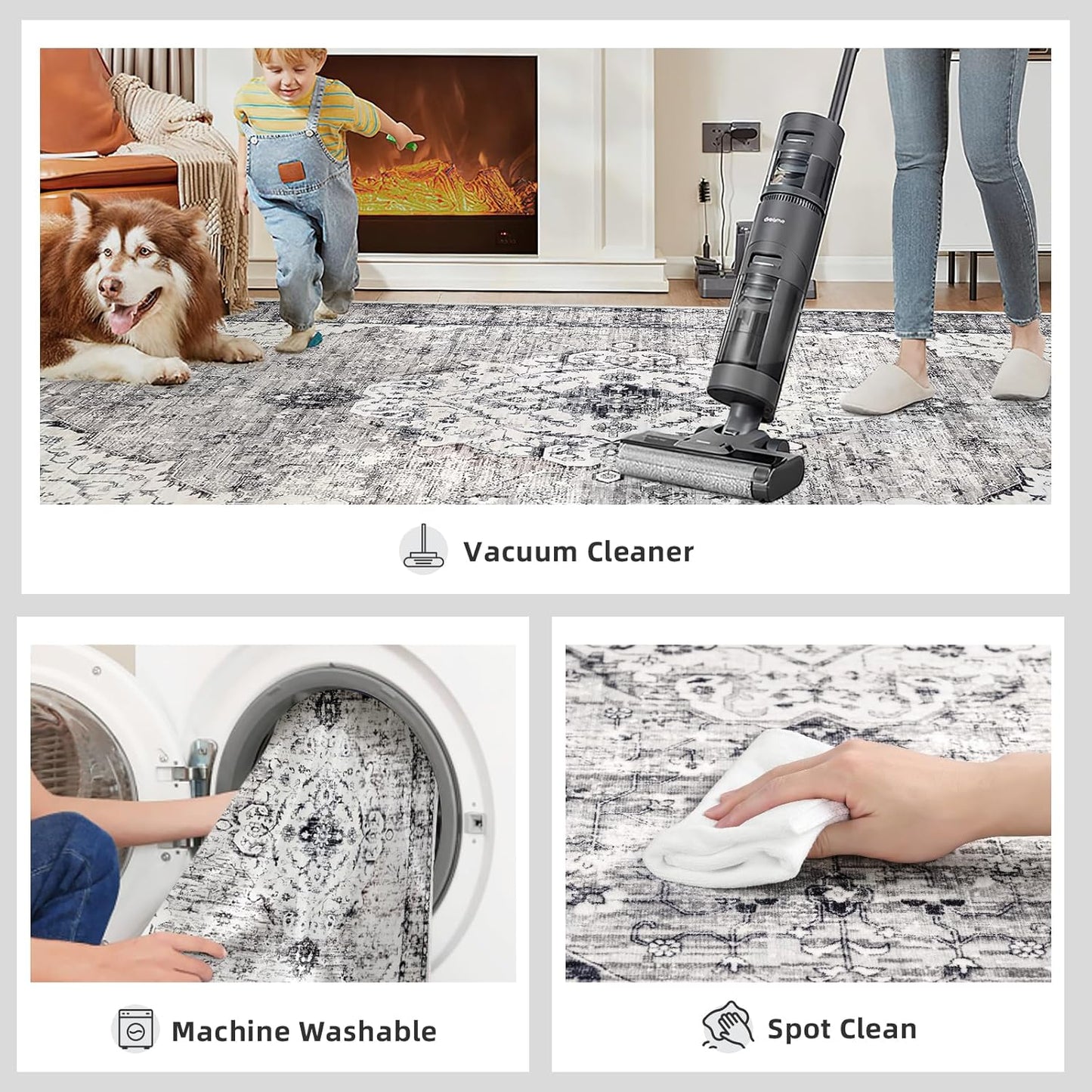 Deerly 5x7 Rug Washable Area Rugs for Living Room, Non Slip 5 x 7 Rug for Bedroom Dining Room, Low-Pile Kid & Pet Friendly Distressed Carpet Print Floor Rug Border Grey/Navy