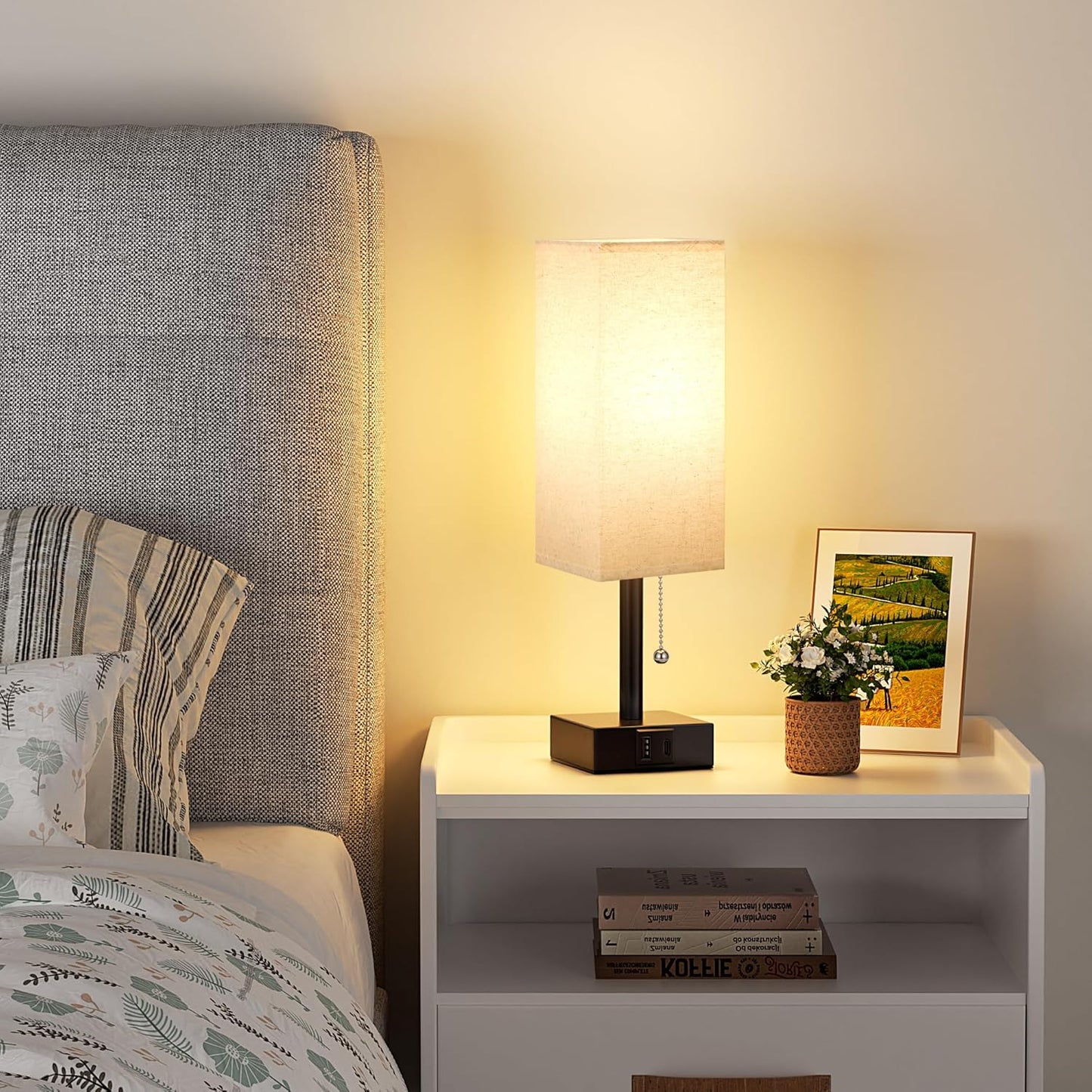 Small Linen Bedroom Lamp - 3 Color Temperature 3000K 5000K 4000K Bedside Lamp, Pull Chain Control, USB A and C Charging Ports, Black Base, for Kids Office Dorm, Bulb Included
