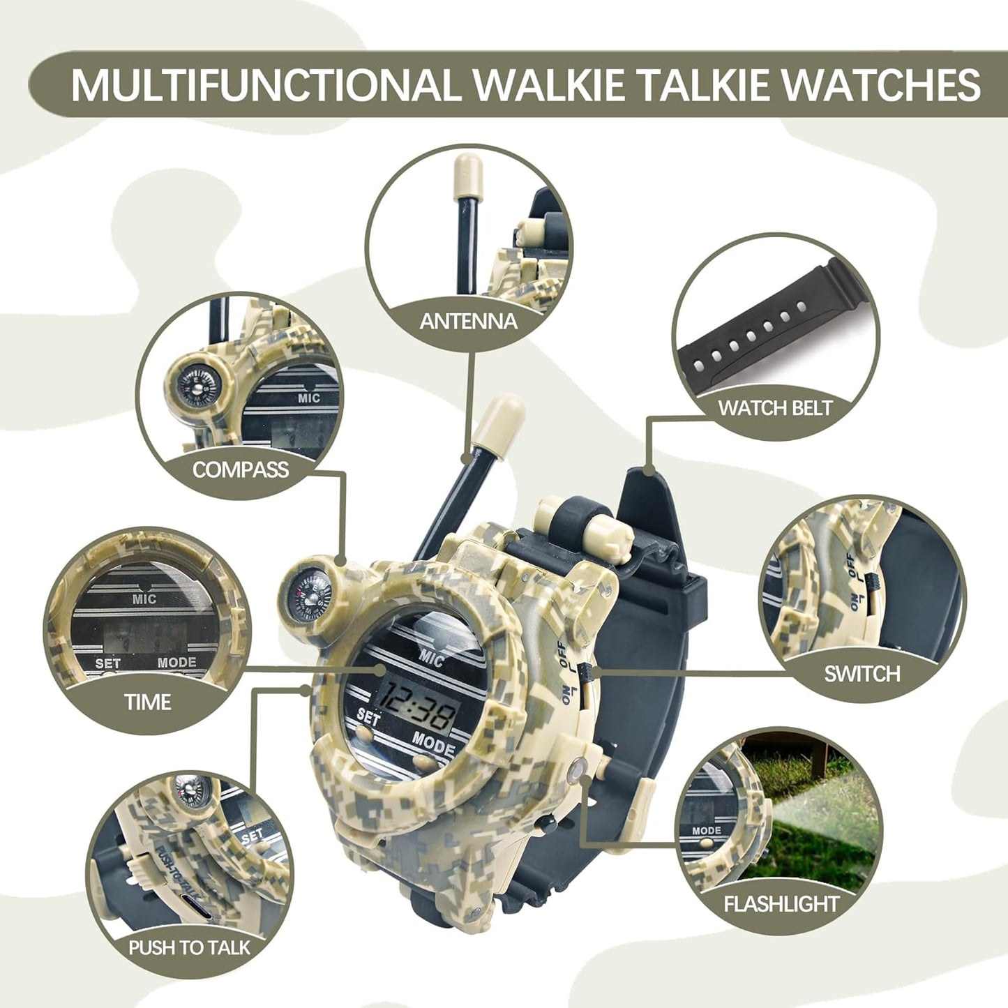Walkie Talkies for Kids Rechargeable, Spy Watch Army Toys, 7 in 1 Walkie Talkie Watches with Flashlight, Two-Way Radios Long Range Interphone Toy Gifts for Boys Girls fit Outdoor Game Camping