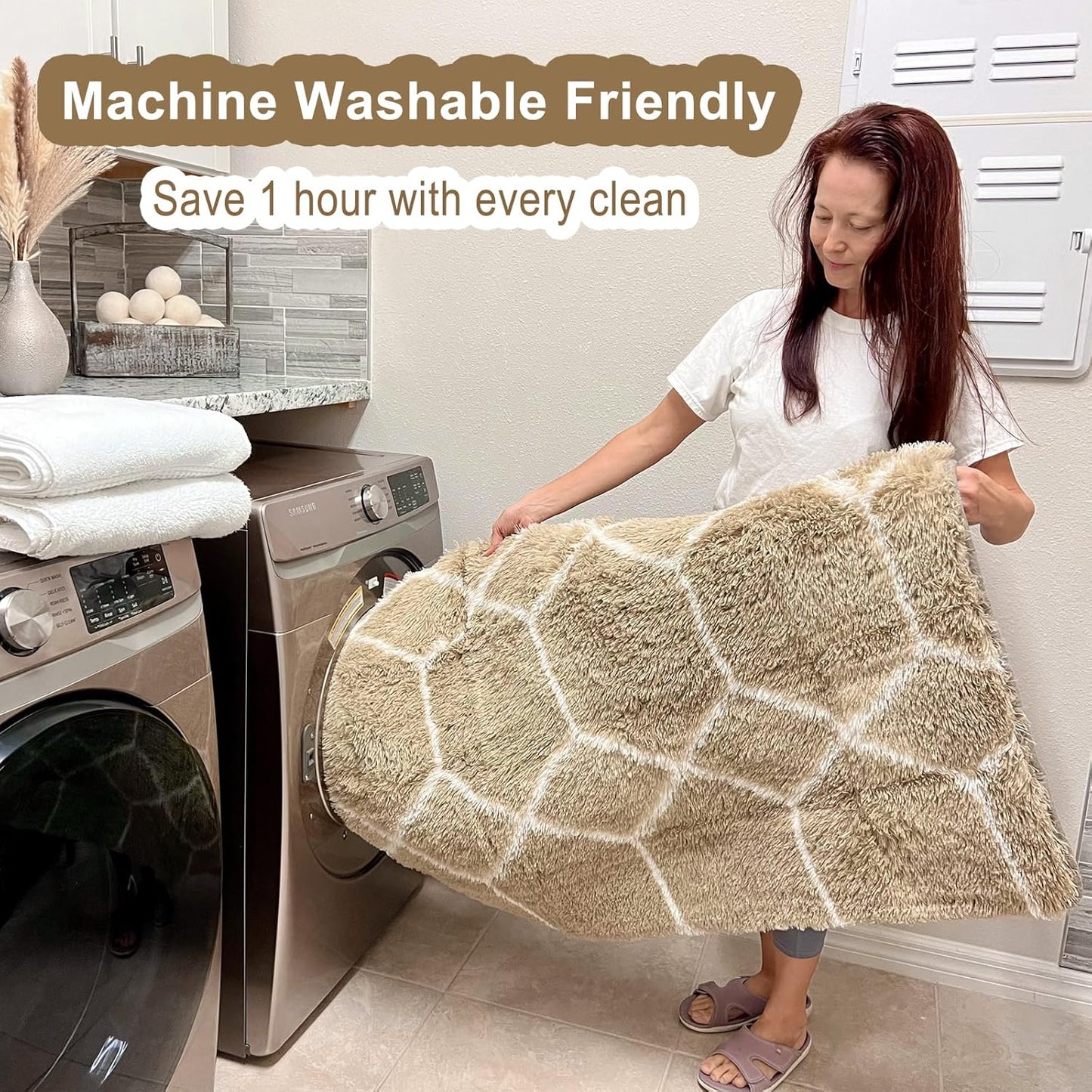 ONASAR Rugs for Living Room Bedroom, 5x8 Washable Fluffy Beige and White Area Rug, Geometric Boho Soft Plush Shaggy Fuzzy Floor Carpet for Nursery Kids Girls Boys Teen Dorm Home Decor Aesthetic