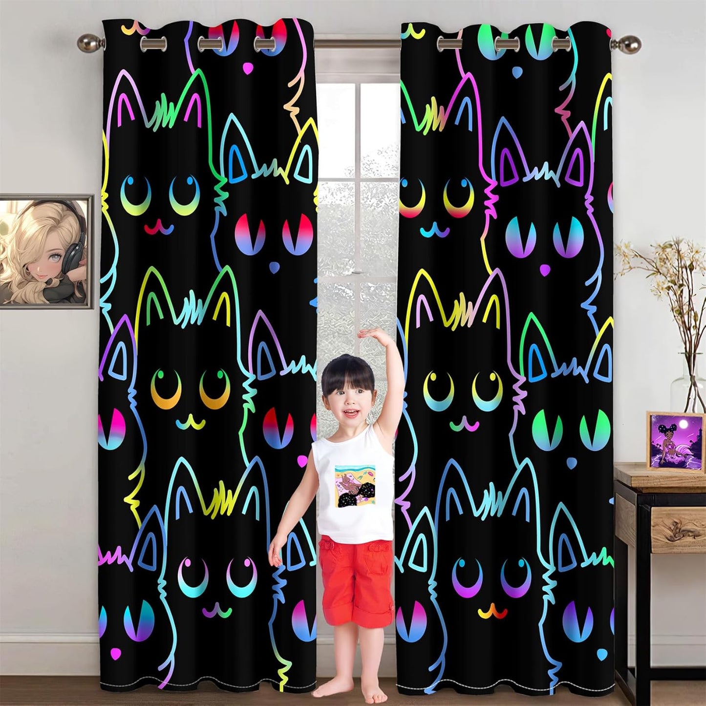 Cat Blackout Curtains for Girls - 2Pcs Cute Cartoon Cat Patterns Curtain Panels for Girls Bedroom Lovely Cats Drapes Darkening Window Curtain for Living Room Bedroom, 82" x 84"