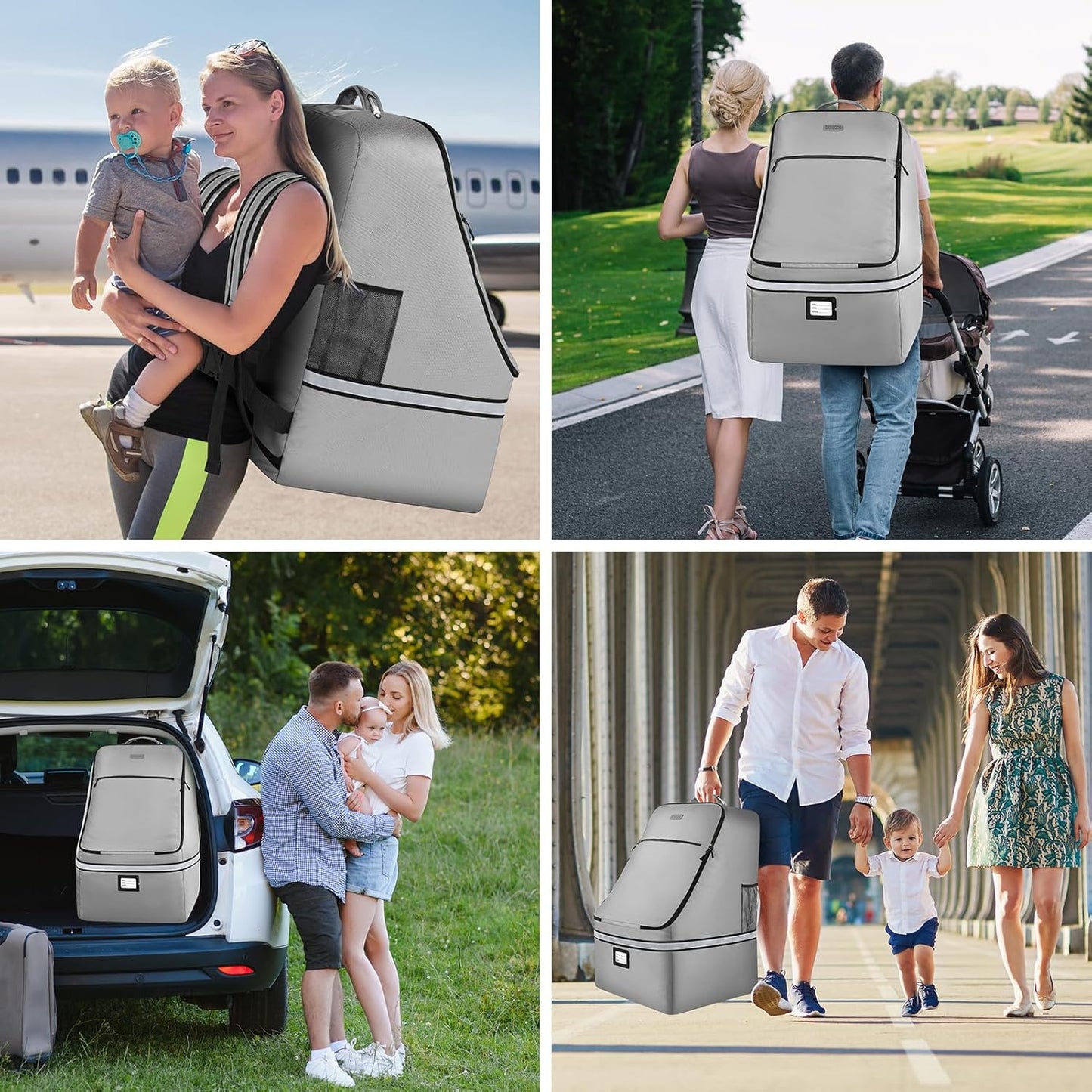 Car Seat Travel Bag,Padded Car Seats Backpack with Steel Cable Handle and Reflective Stripes, Large Durable Carseat Carrier Bag,Airport Gate Check Bag,Infant Seat Travel Bag with Shoulder Strap,Grey