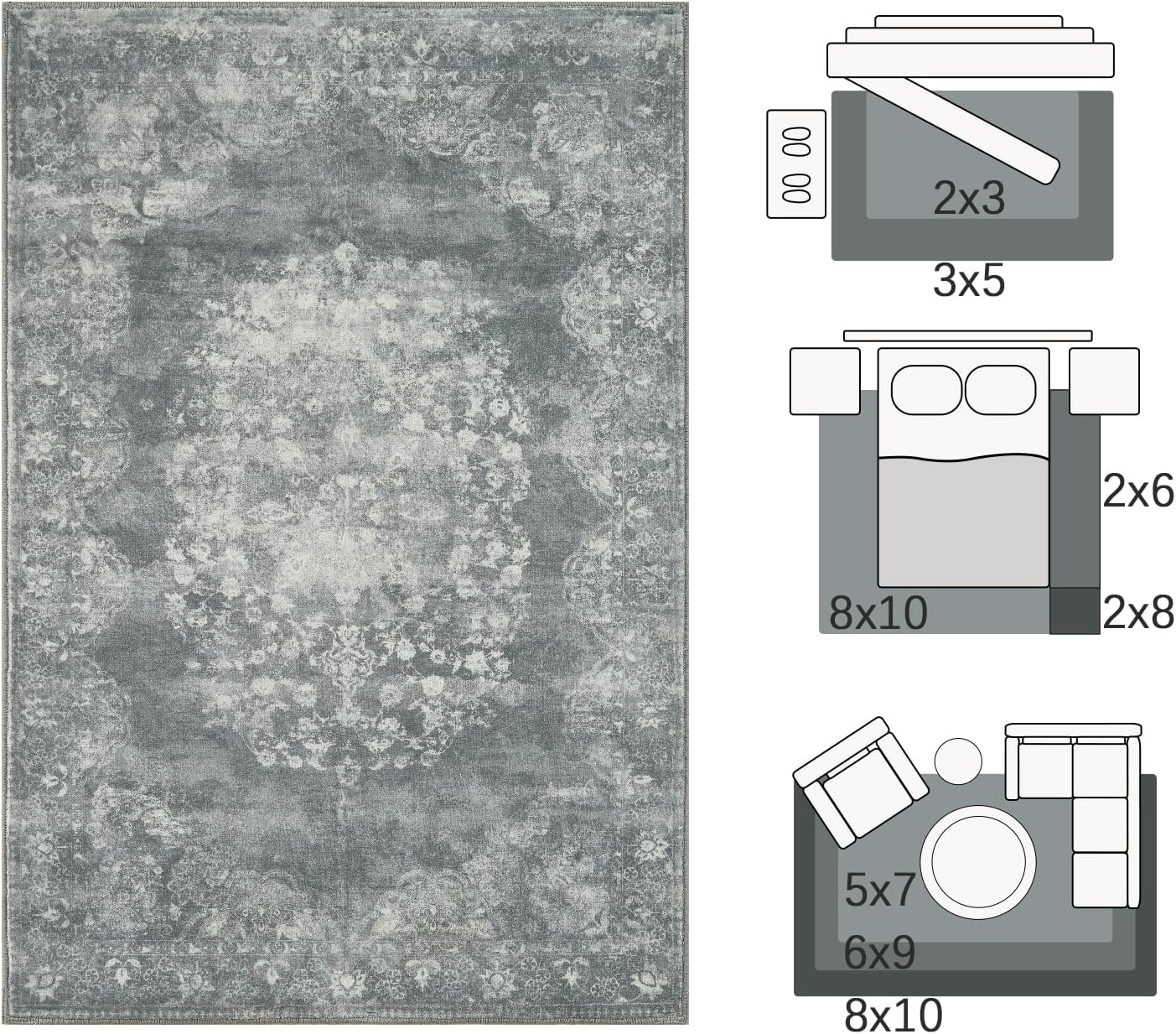 jinchan Floral 2x3 Rug for Entryway - Vintage Washable Area Rug Ultra-Thin Low Pile Soft Small Non-Slip Distressed Indoor Doormat Accent for Entrance Kitchen Bedroom Bathroom (2x3ft,Grey)