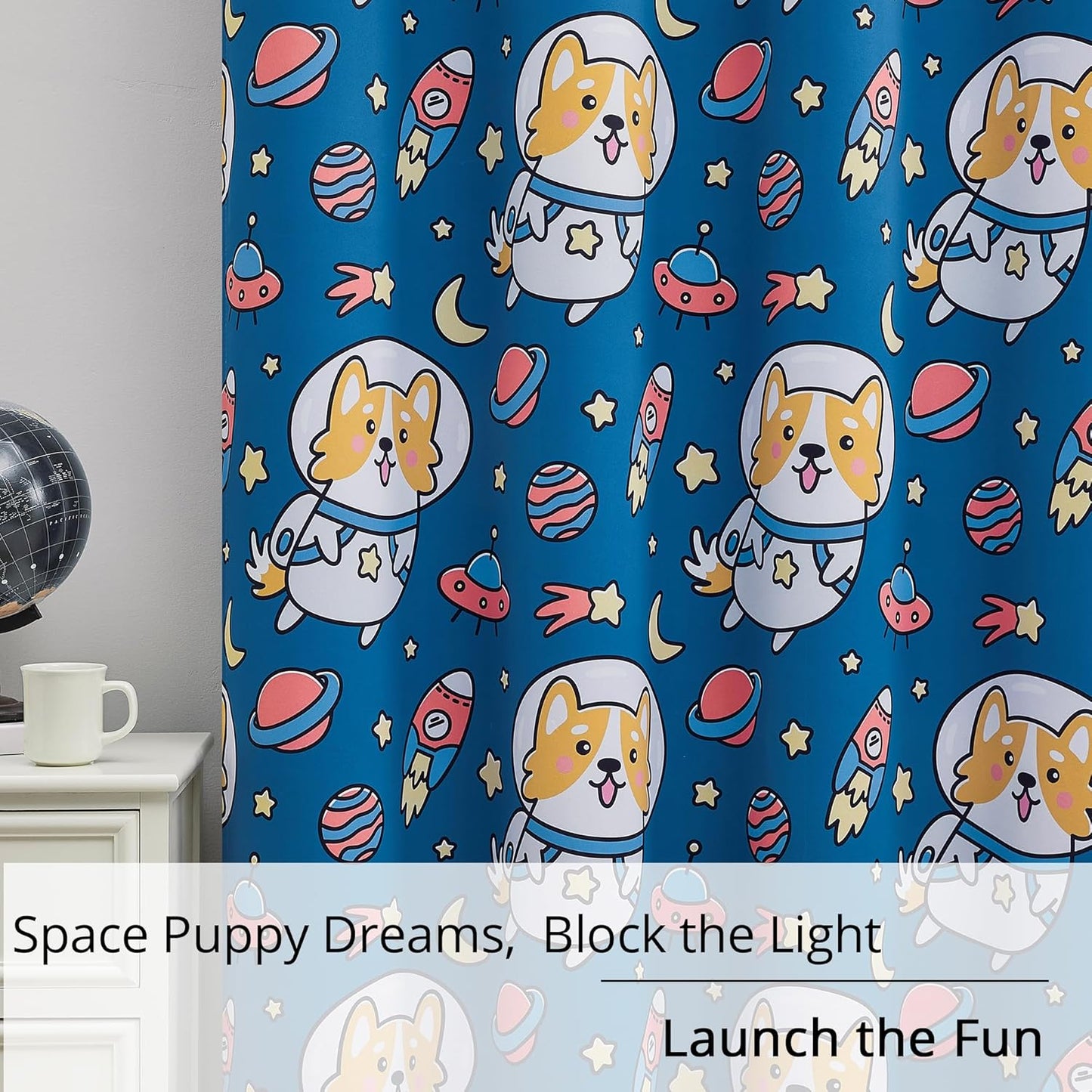 Kids Blackout Curtains - Space Dog Design, 100% Blackout, 2 Panels, Each W52×63, Thermal Insulated, Noise Reducing & Energy Efficient for Kids Bedroom, Turn your child’s room into a fun adventure