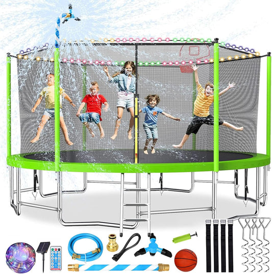 Upgraded 10/12/14/15/16FT Trampoline Outdoor, Large Kids Trampoline with Light, Stakes, Sprinkler, Backyard Trampoline with Basketball Hoop and Net, Capacity for 4-6 Kids and Adults