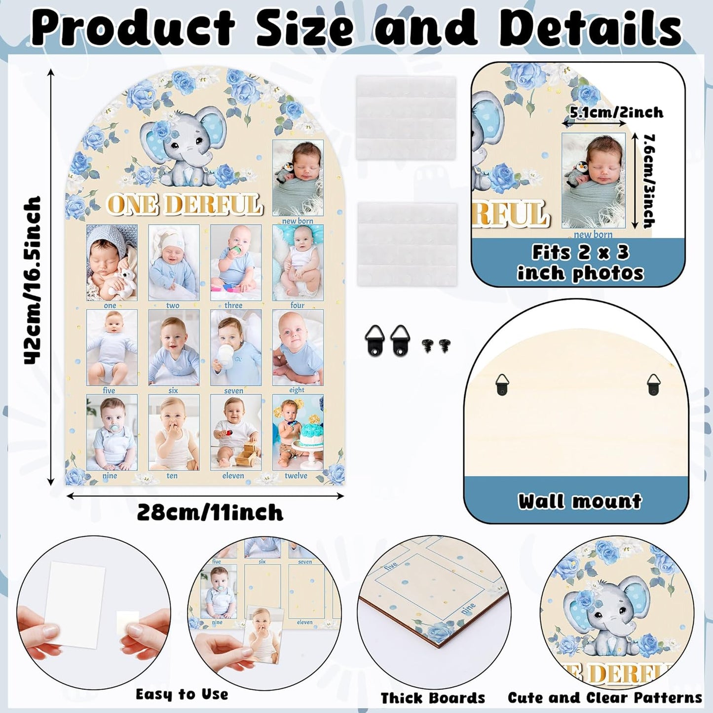 R HORSE My First Year Photo Display Wood Board - 3D Blue Elephant Baby's First Year Picture Frame, 12 Months Milestone Board Neutral Baby Keepsake Gift 1st Birthday Nursery Decor for Boy Girl