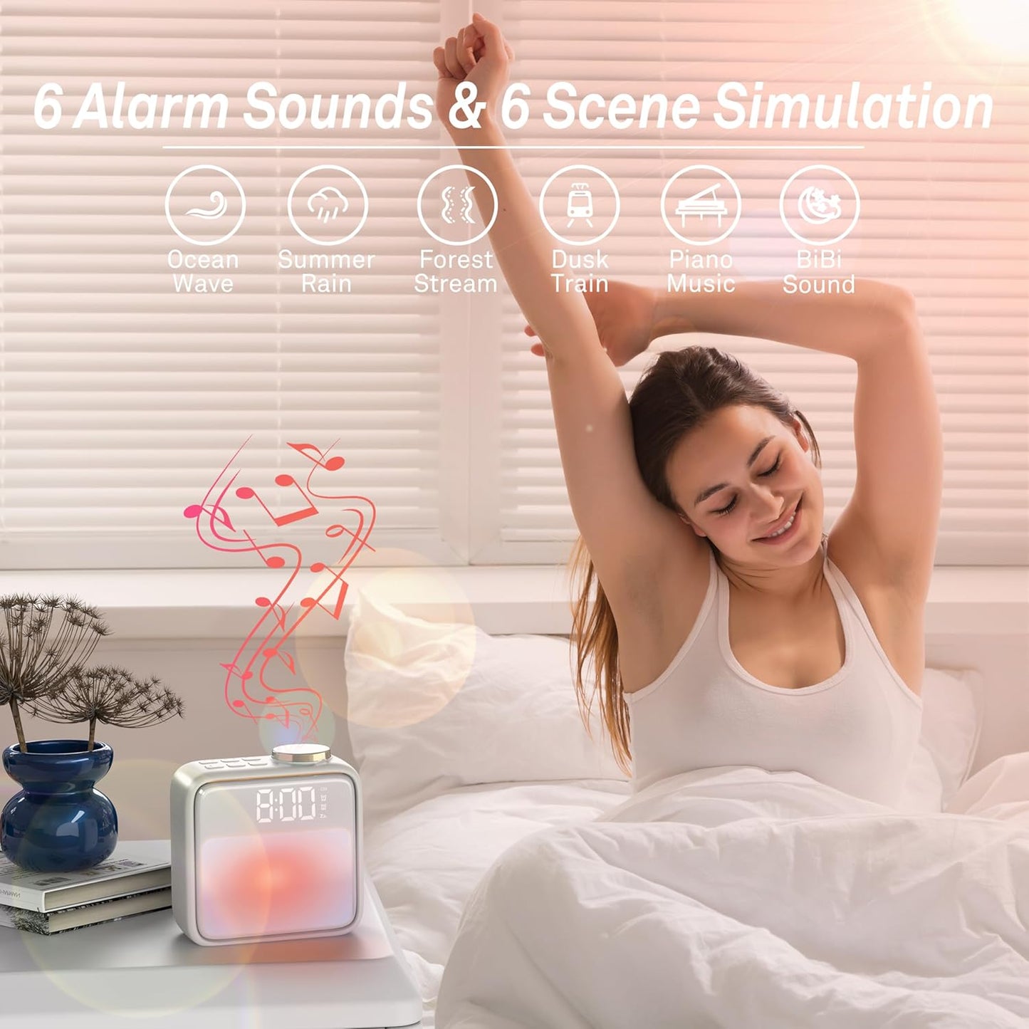 AIRIVO Alarm Clock Night Lights, Built-in Battery Alarm Clock for Bedrooms, 6 Scenes & White Noise Sync, Dual Alarms & Snooze, for Heavy Sleepers, Gifts for Kids Teens