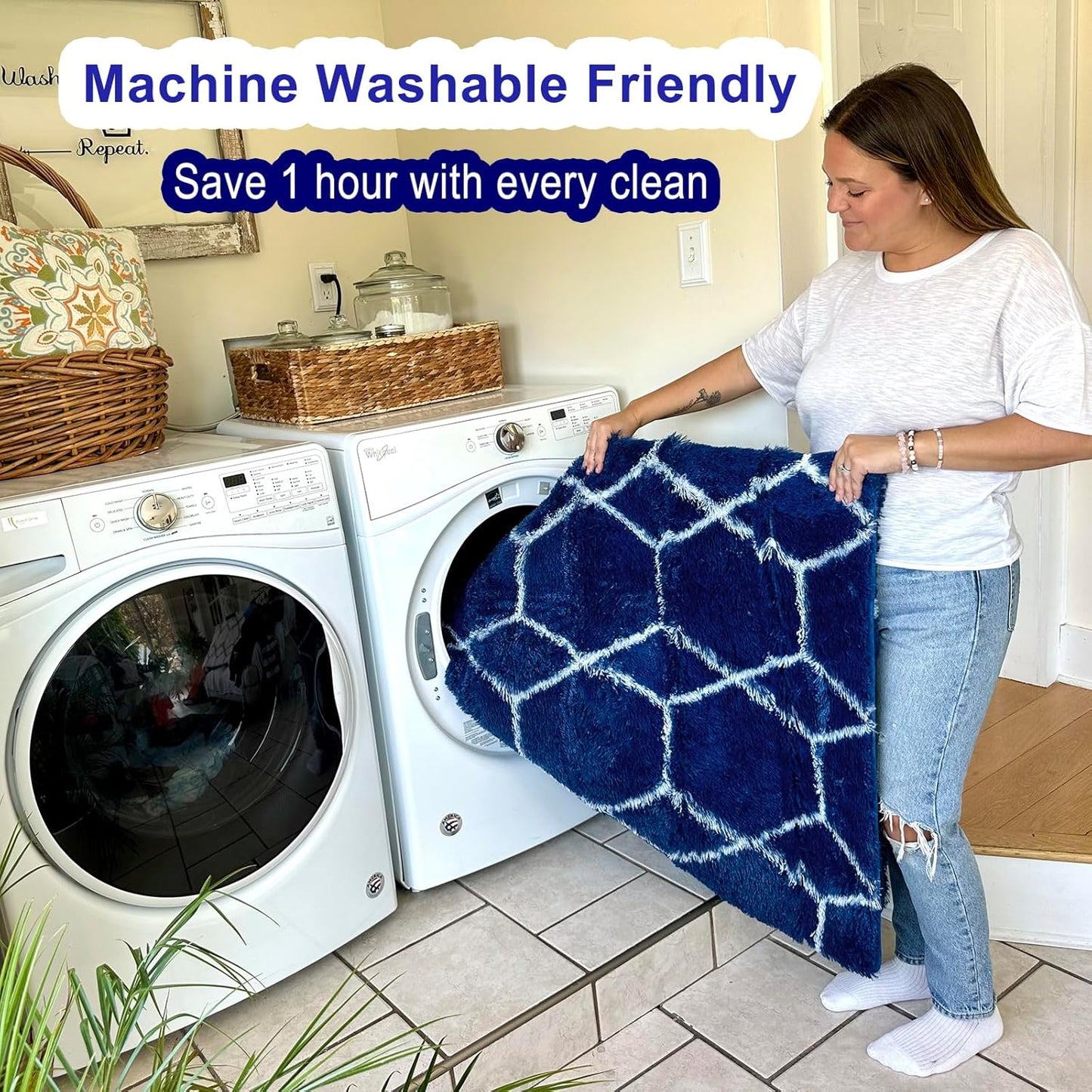 ONASAR Large 6x9 Area Rugs for Living Room, Fluffy Geometric Navy and White Rug for Boys Bedroom Home Decor Aesthetic, Soft Shaggy Plush Floor Carpet for Girls Teen Nursery Playroom Office Dorm