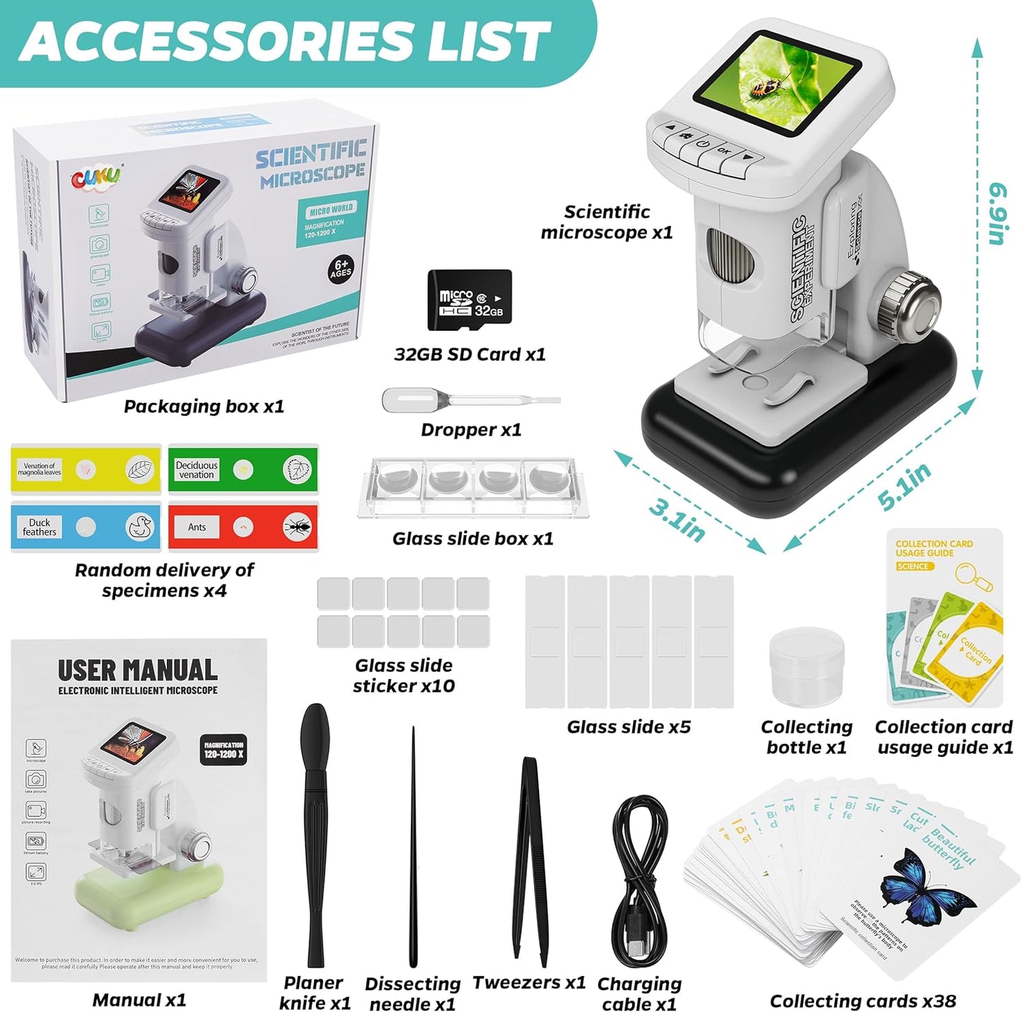Rechargeable Digital Microscope for Kids 1200X - 2'' LCD Screen STEM Toy with 32G SD Card for Photo/Video, Portable Pocket Microscope for Boys Girls Ages 6,7,8-12, Science Kit Gift Birthday Christmas