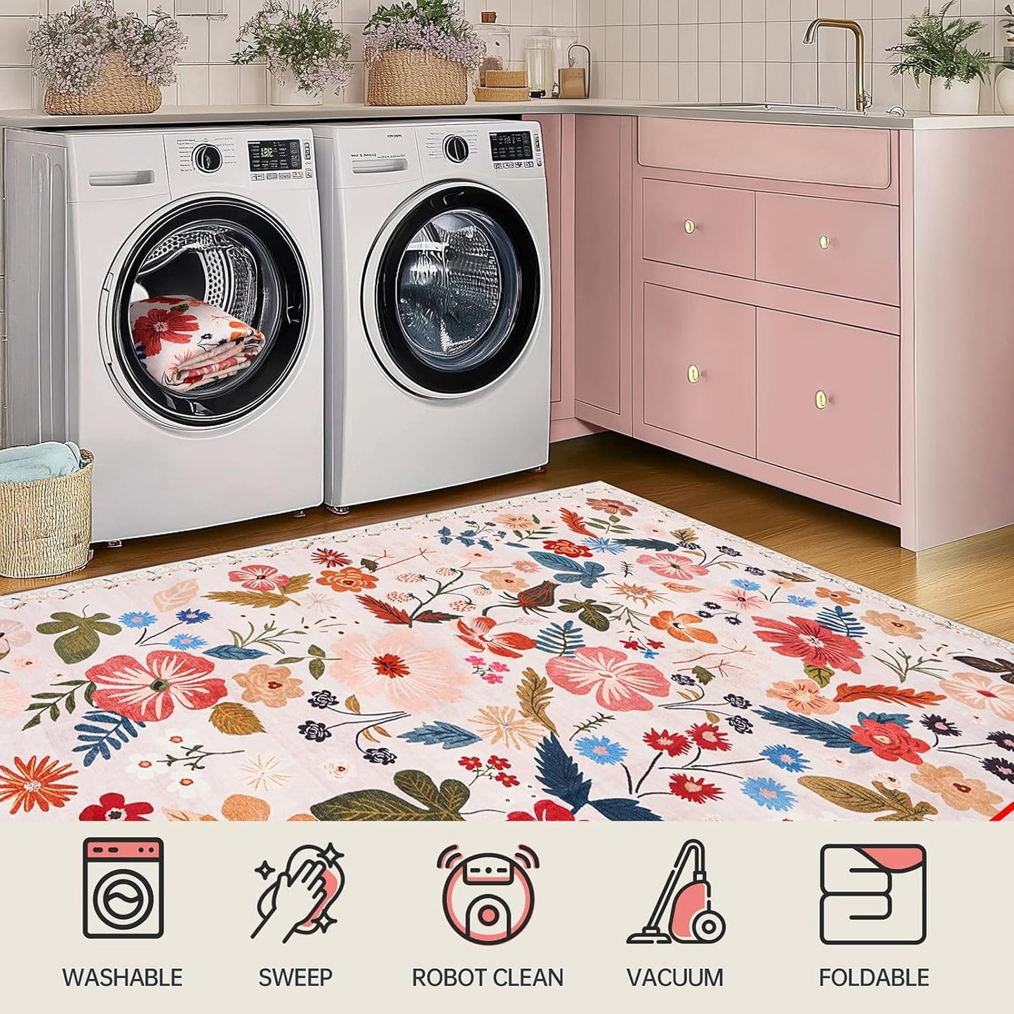 Beige 3x5 Area Rugs for Bedside Machine Washable Boho Floral Small Carpet Rugs Soft Non-Slip Low Pile Faux Fur Cream Farmhouse Aesthetic Rug for Living Room Entrance Bedroom Patio Office