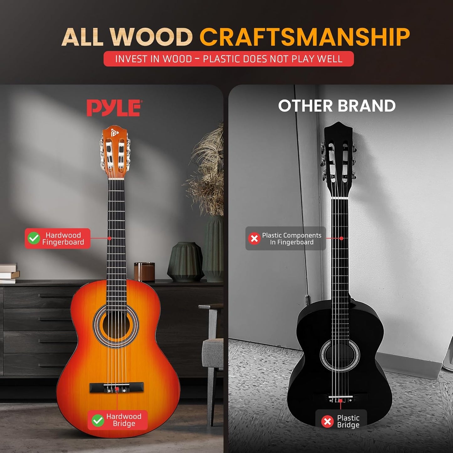 Pyle 36'' -Inch 6-String Classic Guitar-3/4 Size Scale Guitar with Digital Tuner & Accessory Kit, Sunburst, Right, 7 Cherry Burst, Gloss, 36” (PGACLS82CS.X9)