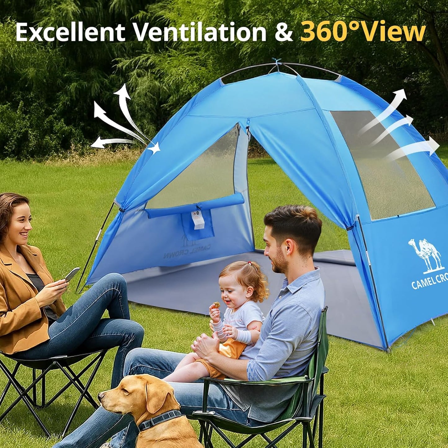 CAMEL CROWN Beach Tent UPF 50+ Sun Shelter for 2/3/5/6 Person, Lightweight Portable Sun Shade with Sand Anchor, Family Beach Day & Outdoor Adventures