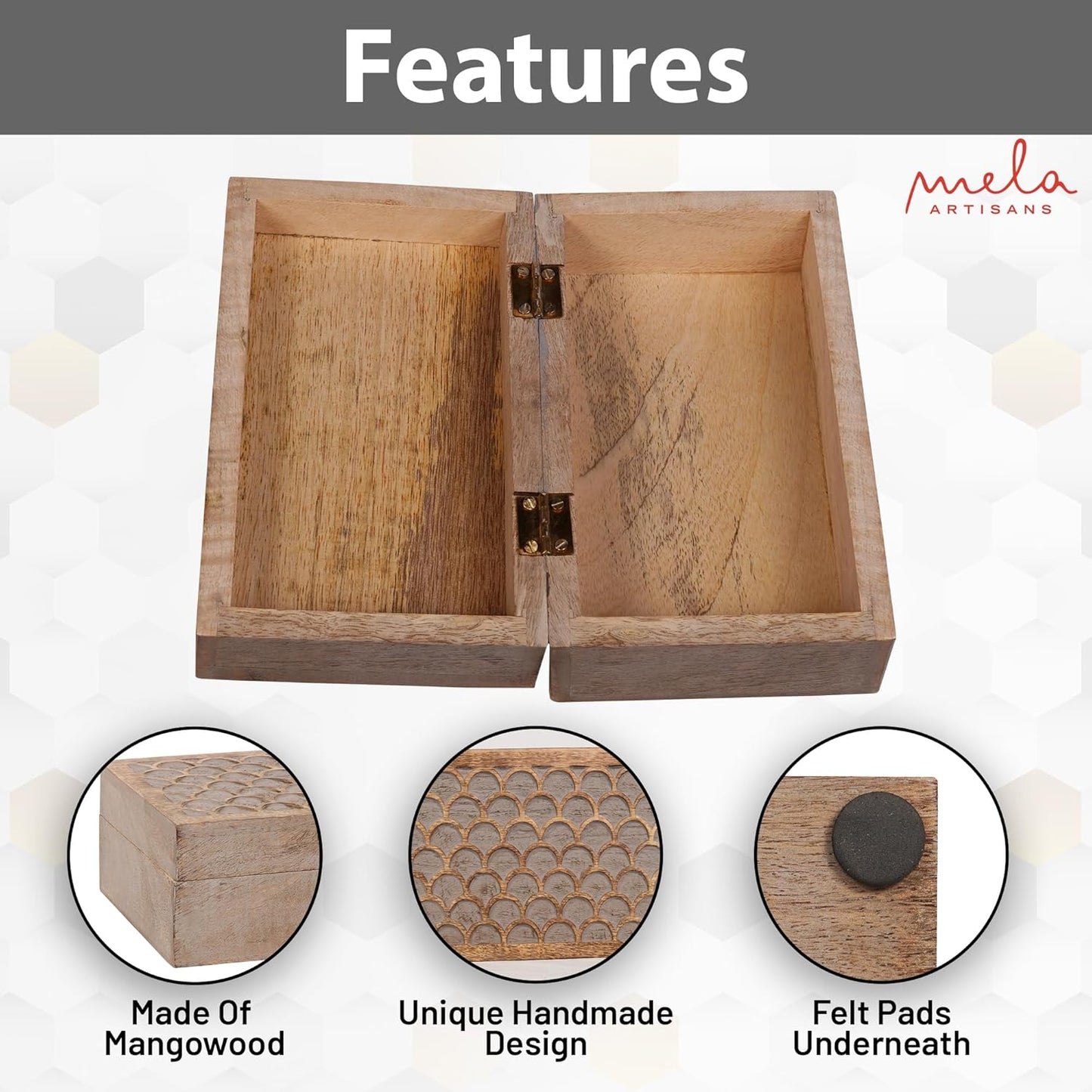 Scallop Wooden Box (Medium) - Light Burnt Over Grey Decorative Box with Lid w/Felt Pads Underneath & Wooden Carving - Unique Handmade Mangowood Keepsake Storage Box for Home - 7.5 x 4.5 x 3"