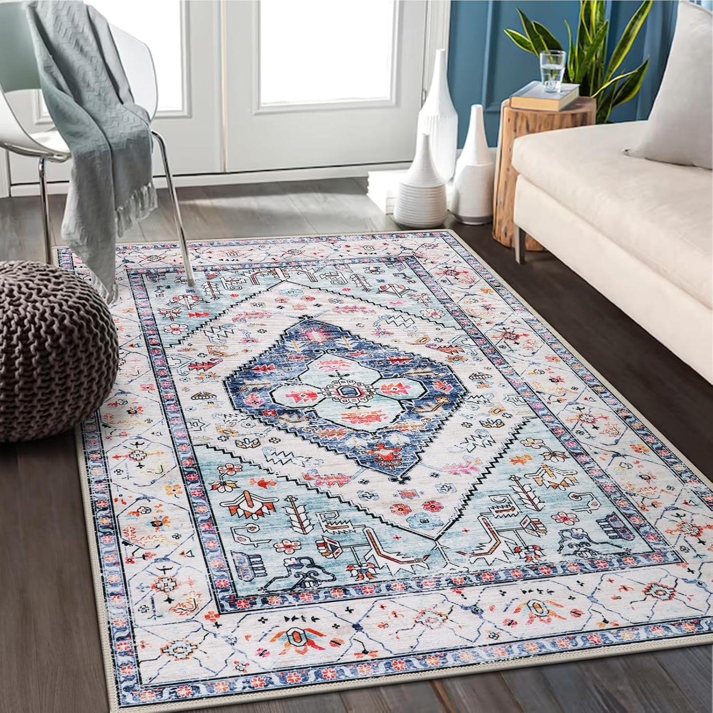 Lahome Boho Round Rug - 9Ft Washable Area Rug, Non-Slip Small Bathroom Rug, Lightweight Bedroom Throw, Oriental Distressed Print Carpet for Entryway, Sofa, Nursery, Kids Room