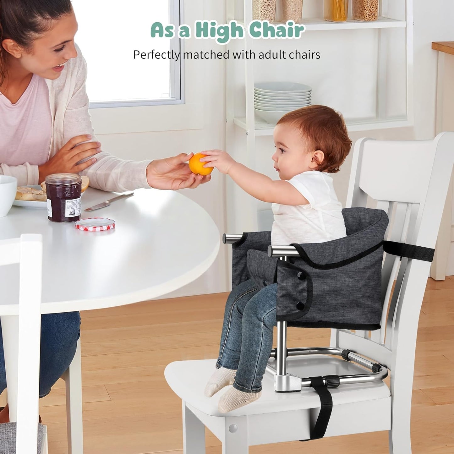 Booster Seat for Dining Table: Portable Toddler Booster Chair with Safety Buckle and Height Adjustable, Foldable Baby Feeding Chair, Kids High Chair Booster Seat for Kitchen Home Travel - Black