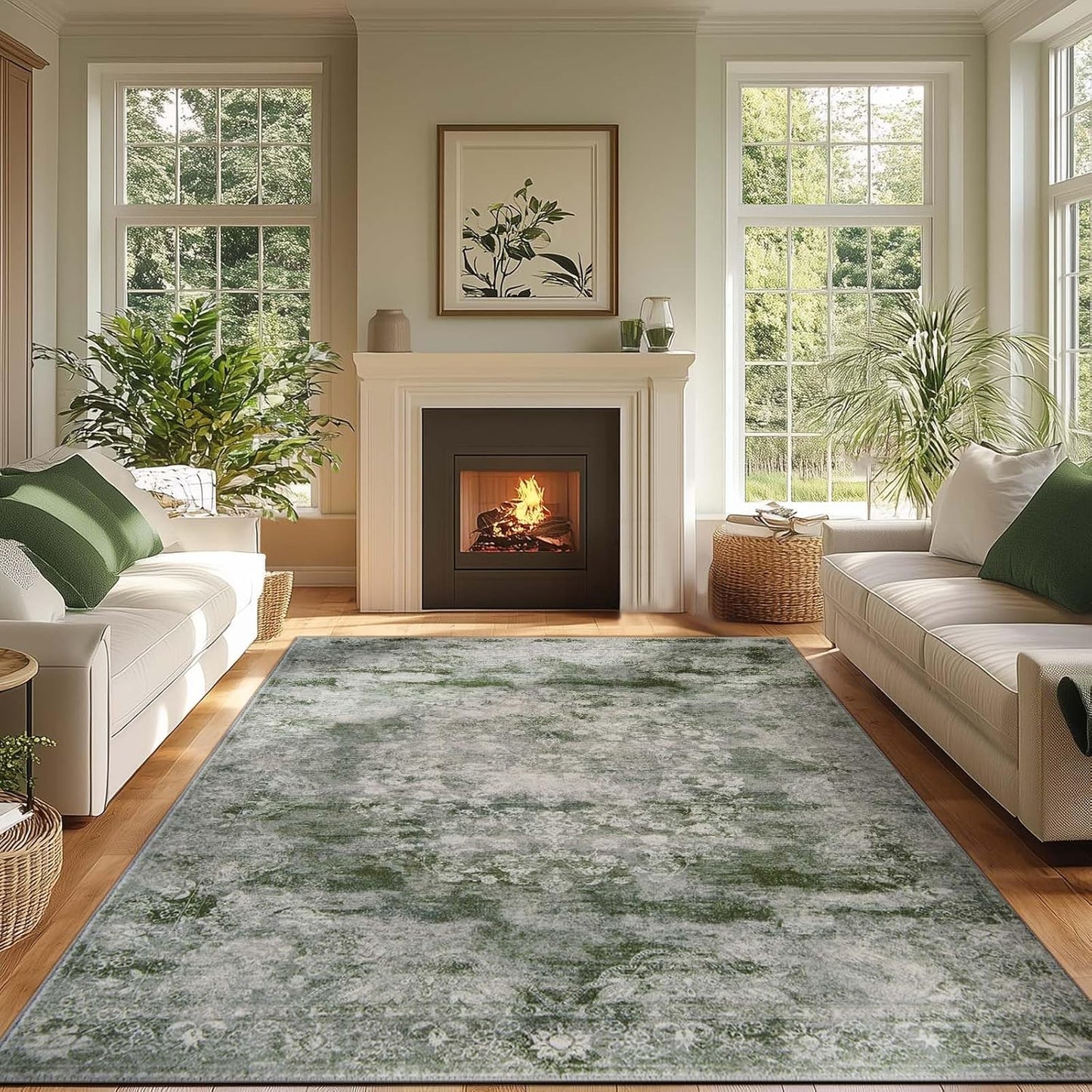 jinchan Washable Area Rug 6x9 for Living Room - Soft Faux Wool Ultra-Thin Stain Resistant Non-Slip Distressed Vintage Floral Rug Large Carpet for Bedroom,Dining Room,Home Office,Nursery(Green, 6'x9')