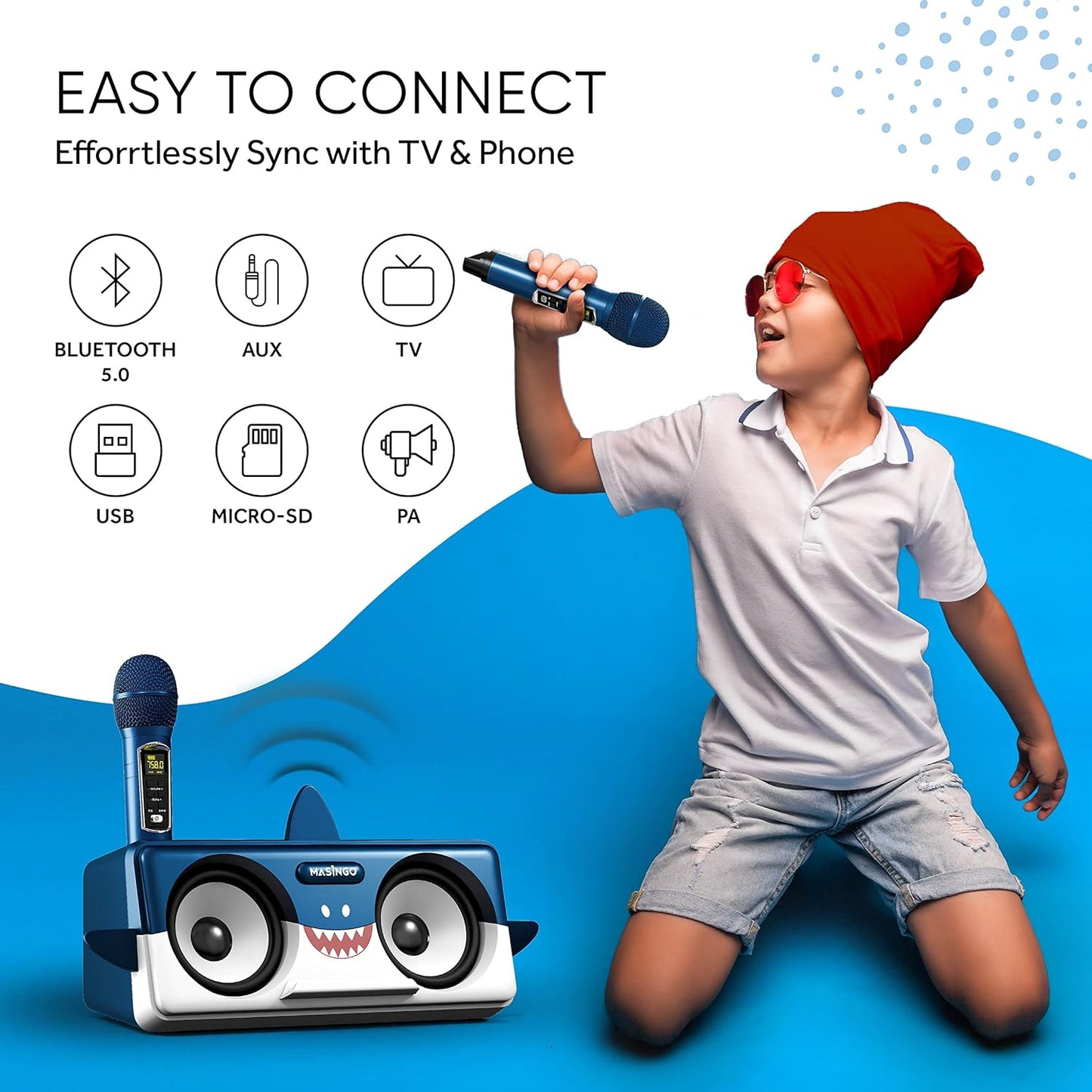 MASINGO Shark Karaoke Machine for Kids, Children and Toddlers with 2 Wireless Bluetooth Microphones, Portable PA Speaker Includes Lyrics Display Phone Holder, TV Cable and Singer Vocal Removal Mode