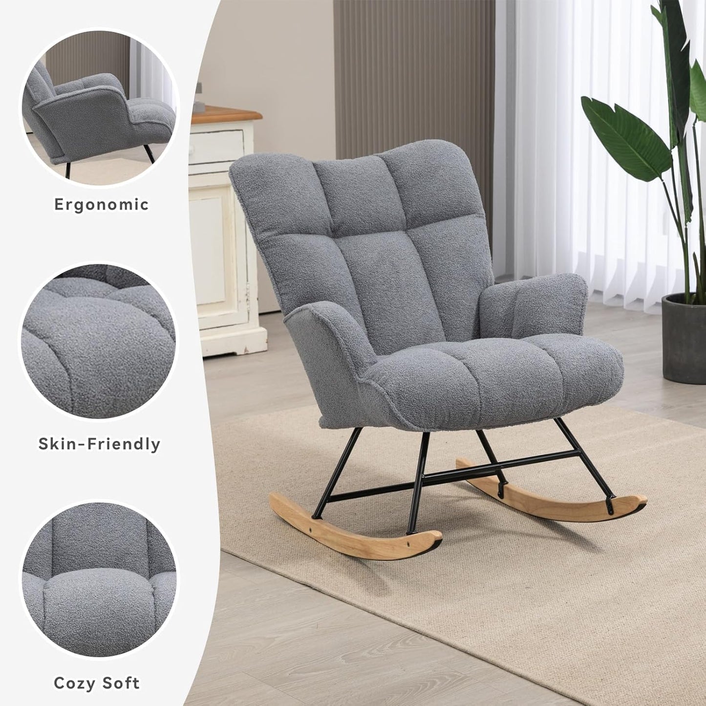 Rocking Chair Nursery Teddy Upholstered Glider Rocker Rocking Accent Chair Padded Seat with High Backrest Armchair Comfy Side Chair for Living Room Bedroom Offices (Darkgrey Teddy)