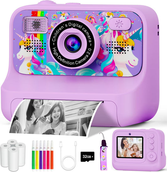 Kids Camera, Upgrade Kids Camera Instant Print, Front Rear Dual Selfie Digital CAM with 1080P Videos, Portable Travel Toy with Games and Music, Christmas Birthday Gift for Boys, Girls and Teens