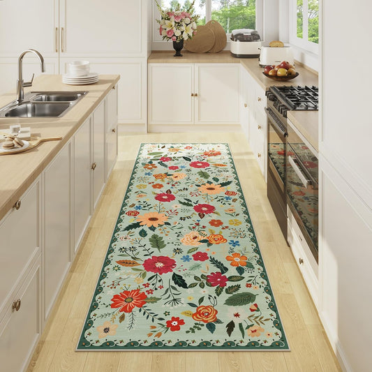 Rug Runners 2x6, Floral Green Washable Kitchen Rugs for Hallways Area Rugs, Non Slip Long Rug Low Pile Doormat Flower Carpet for Kitchen, Entryway Indoor, Bedroom, Bathroom, Laundry, Sage Green