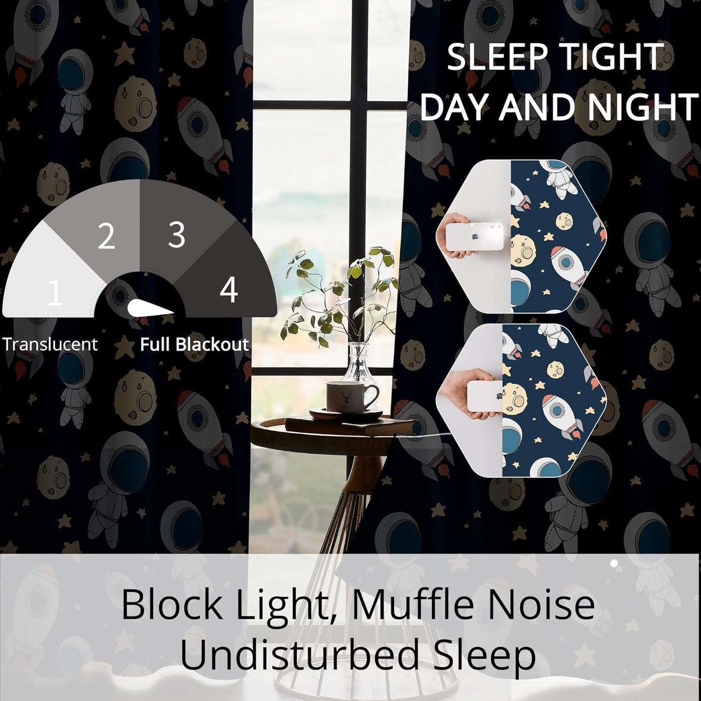 Kids Space Astronaut Planets Rockets Blackout Curtains - 100% Blackout, Thermal Insulated, Noise Reducing, for Kids Room and Nursery, 2 Panels (Astro Buddy Rockets, W52×L63)