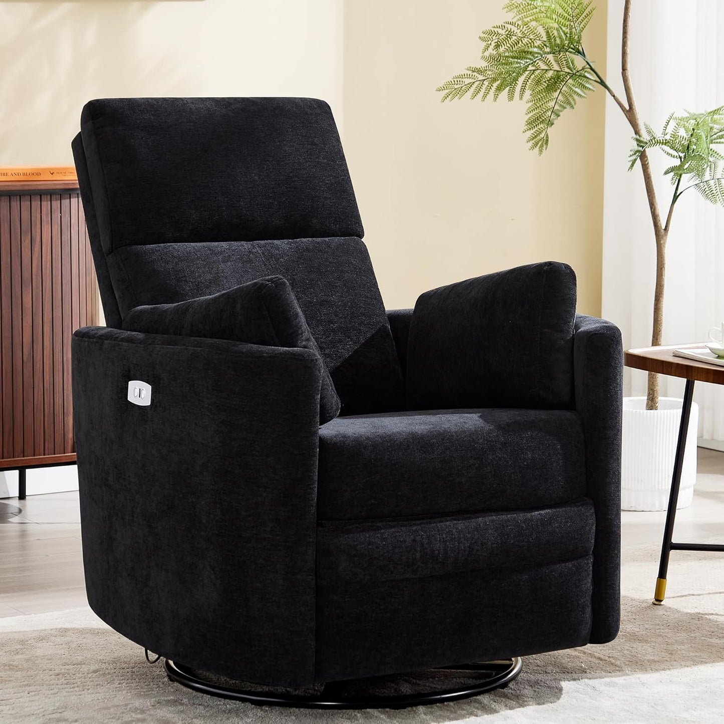 Recliner Swivel Glider Electric Rocking Chair with USB Port,Multifunction Upholstered Power Recliner Rocking Chair for Living Room Bedroom Nursery Adult with 2 Pillows(Black, Power-Driven)