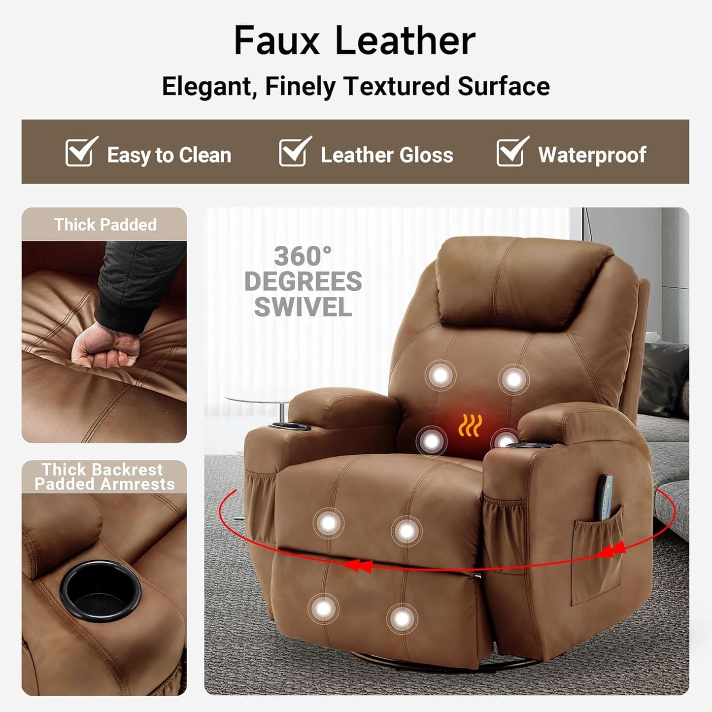Recliner Chair, Rocking Chair with Massage and Heat, 360° Swivel Recliner Chairs for Adults, Rocker Manual Recliner with Remote Control and Cup Holder for Living Room, Bedroom, Nursery