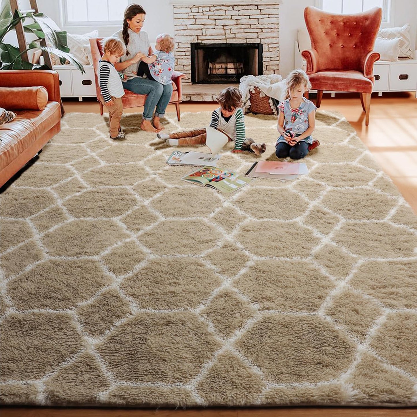 ONASAR Rugs for Living Room Bedroom, 5x8 Washable Fluffy Beige and White Area Rug, Geometric Boho Soft Plush Shaggy Fuzzy Floor Carpet for Nursery Kids Girls Boys Teen Dorm Home Decor Aesthetic