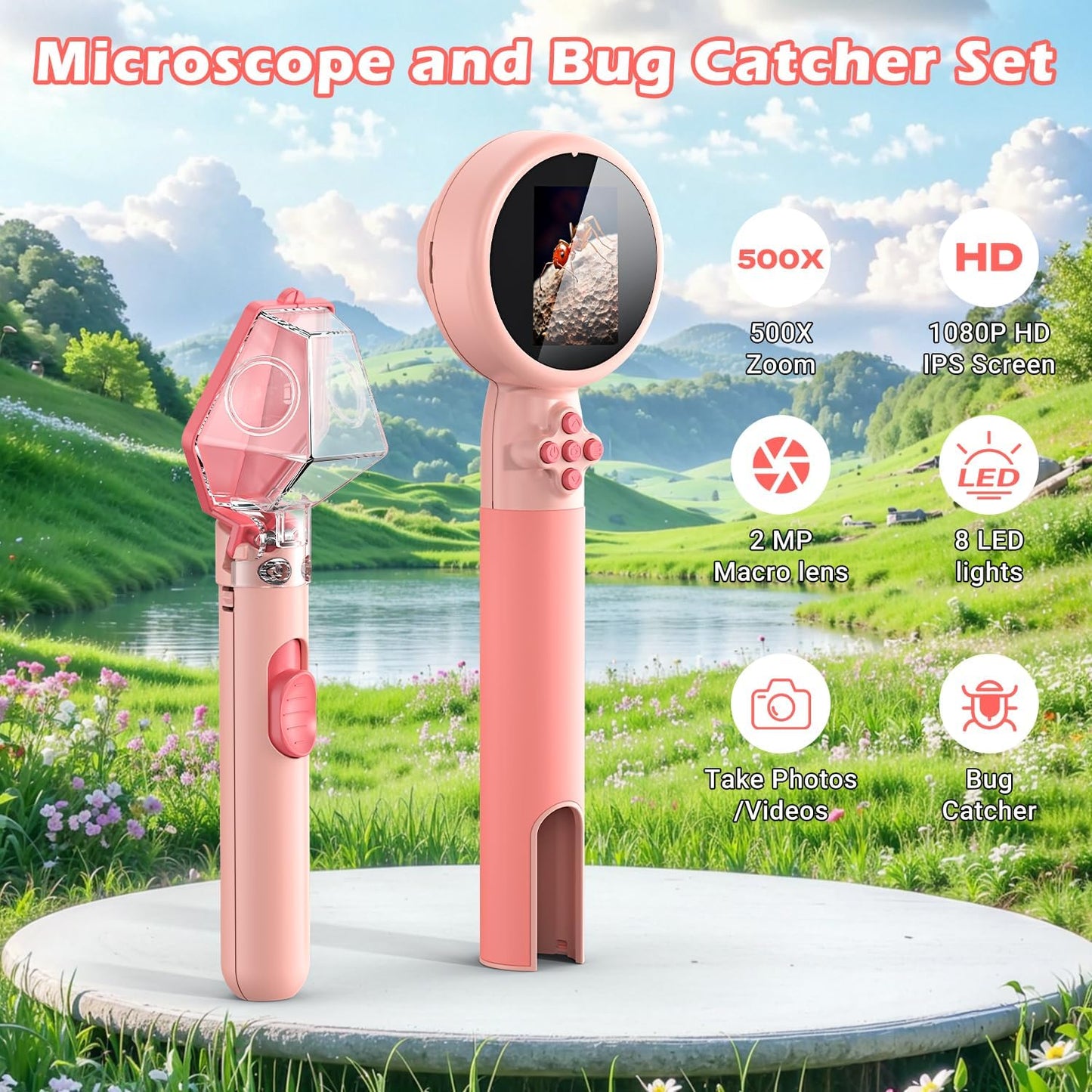 2 in 1 Kids Microscope with Bug Catcher,HD 500X Digital Microscope for Kids with 2" Screen,Photo and Video,STEM Educational Science Kit Learning Toys for Age 3-12 Girls & Boys Birthday Gifts (Pink)