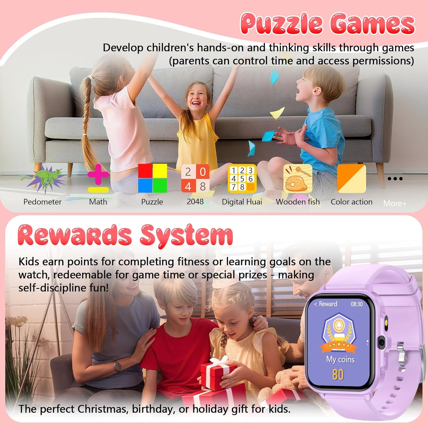 Smart Watch for Kids, 1.85" Fitness Tracker Pedometer Watch, Health, Sleep Monitor, Puzzle Games, Alarm Clock, Camera, Music Player, Torchlight, Activity, Gift Toys for 4 - 13 Years Old Boys and Girls