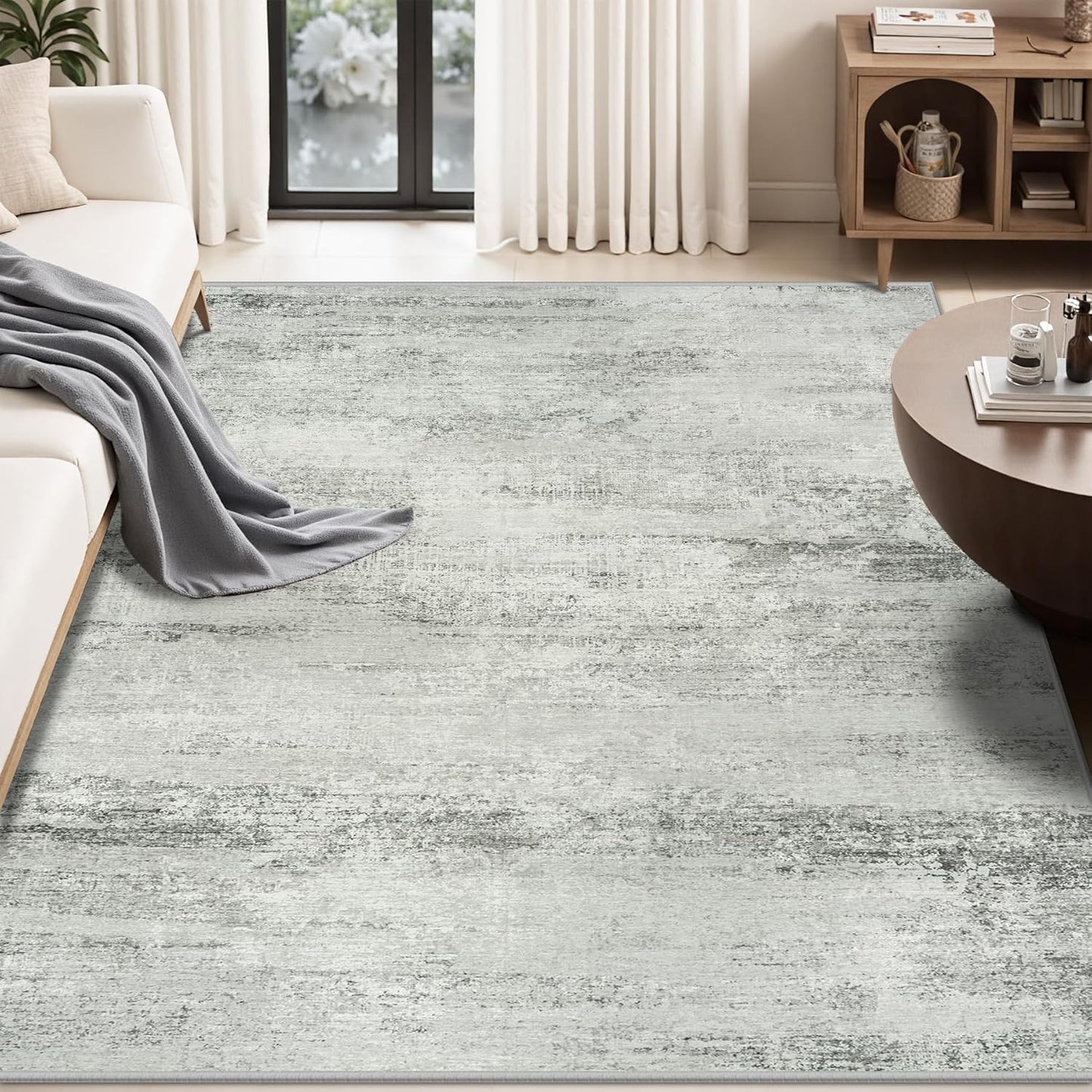 5x7 Area Rugs for Lliving Room Bedroom, Abstract Washable Rugs with Non-Slip Backing, Stain Resistant Thin Carpet for Dorm Dining Room Table Nursery Indoor Home Office-Gray