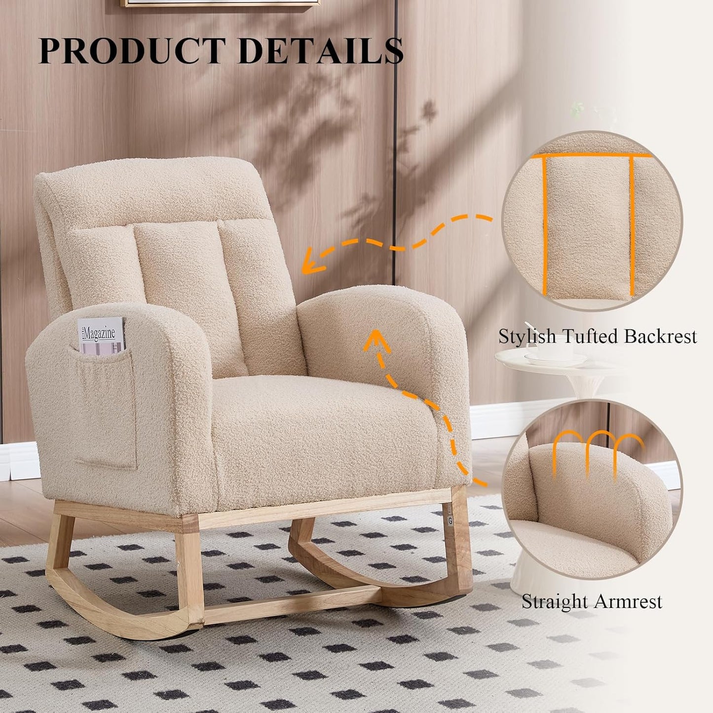 NIOIIKIT Nursery Rocking Chair, Teddy Upholstered Glider Chair with Side Pocket, Glider Rocker Chair with Tufted Back, Comfy Accent Nursing Chair for Living Room (Beige Modern)