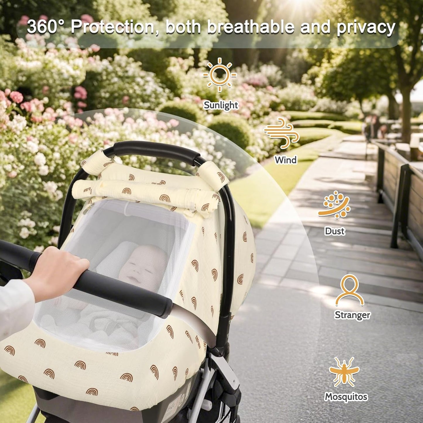 Hooyax Muslin Car Seat Cover Baby - Breathable and Privacy Car Seat Canopy with 3 Modes - Easy Install & Gift Box Packaging, Universal Fit for Infant Car Seats, Rainbow