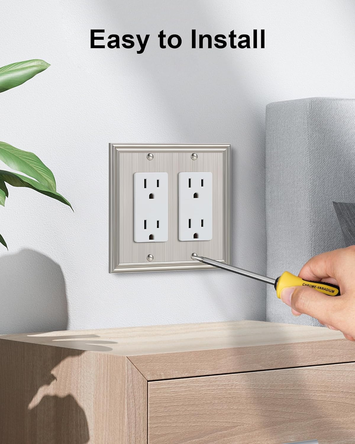 2-Pack Decorative Double Decorator Outlet Cover Plate, Durable Zinc Alloy Brushed Nickel Wall Plates for Electrical Outlets, Receptacle, GFCI Outlet, Dimmer Switch, 2-Gang