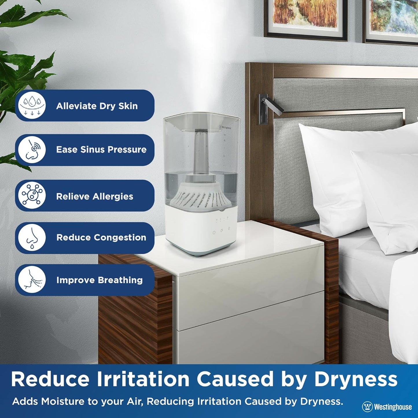 Westinghouse Ultrasonic Cool Mist Adjustable Humidifier, 4.5L Top Fill with LED Night Light and Touch Button Control