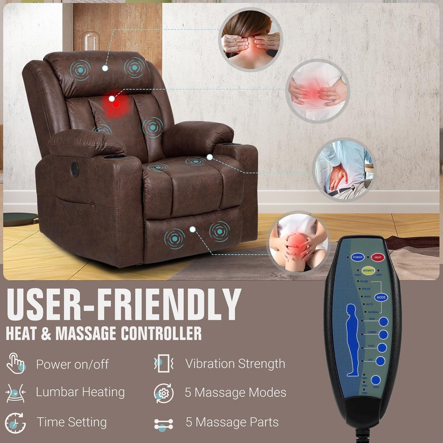 Retro Rocking Recliner Chair, Massage Rocker Recliner Chair with Vibration Massage and Heat, USB and Type-C Ports,360° Swivel Chairs,Living Room, Bedroom, Nursery, RV, Brown
