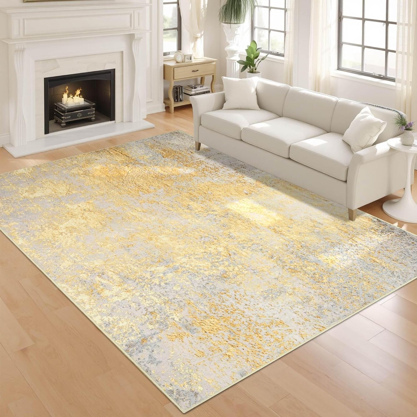 Living Room Rugs 6x9 Gold Washable Area Rug, Abstract Modern Bedroom Rugs Non Slip Stain Resistant Neutral Large Carpet for Nursery, Dining, Kids Playroom, Dining Room, Office