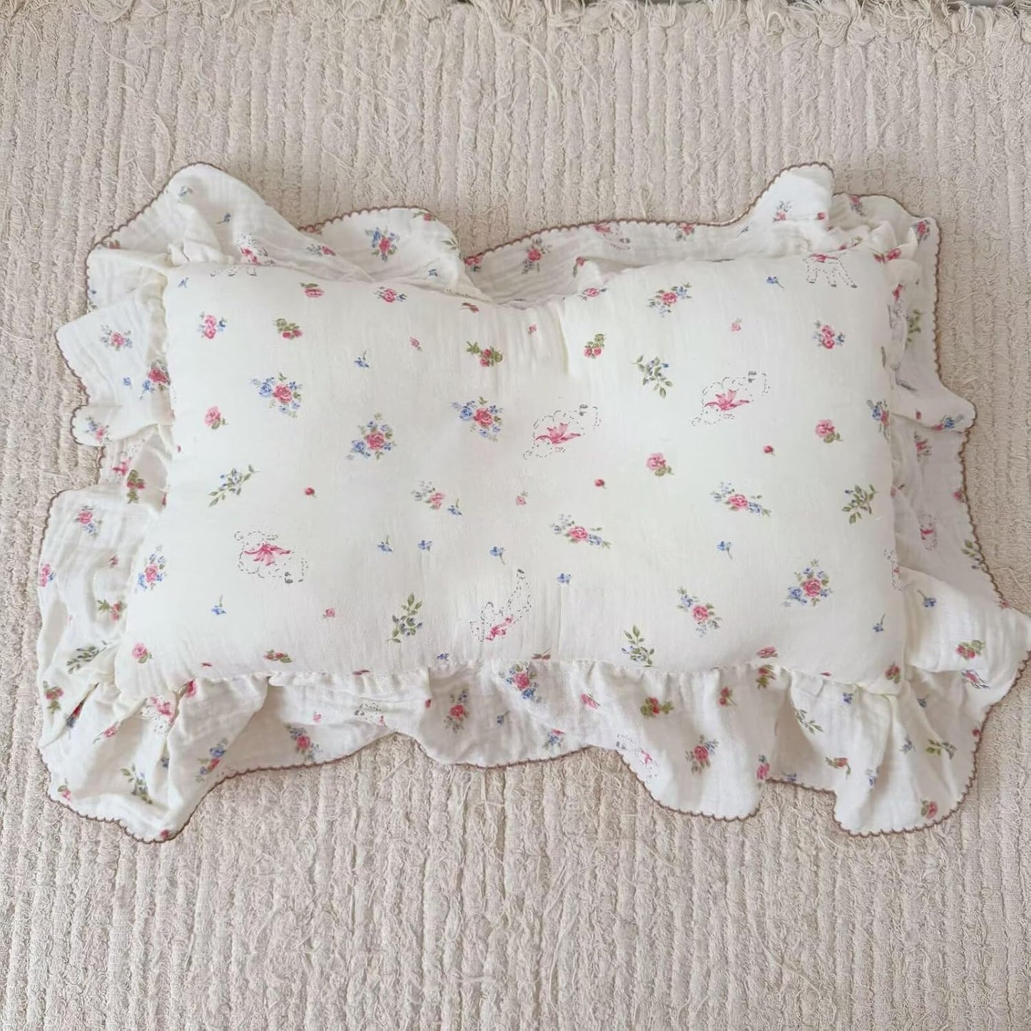 BuLuTu 2 Layers Muslin Cotton Toddler Pillowcase, 1 pc, 14"x20", Cute Pink Flower with Sheep Pattern Small Pillow Cases for Toddler Girls Boys Soft Breathable Pillow Covers, Envelope Closure