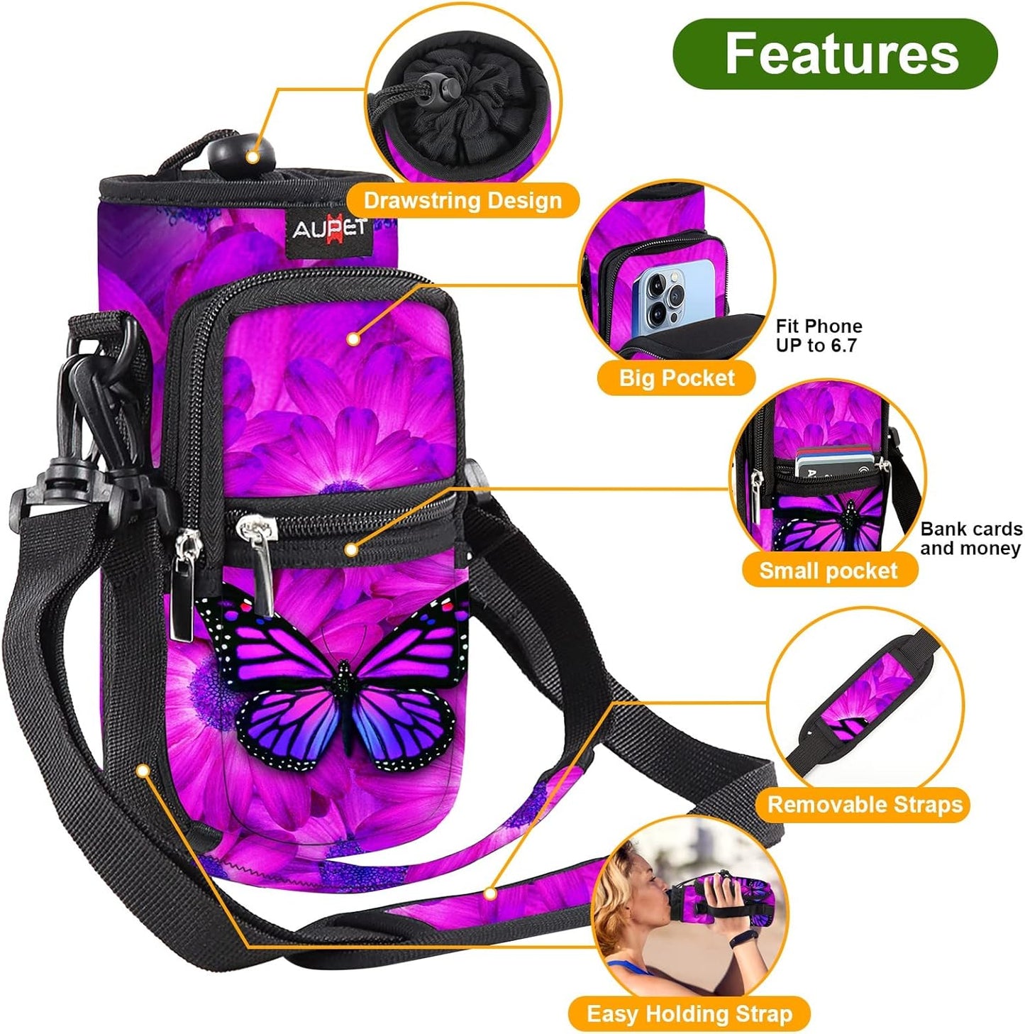 AUPET Water Bottle Sling Bag Sleeve Holder Carrier 25/32/40/64 oz,Insulated Crossbody Water Bottle Case Cover with Strap and Pockets for Men/Women Walking Hiking