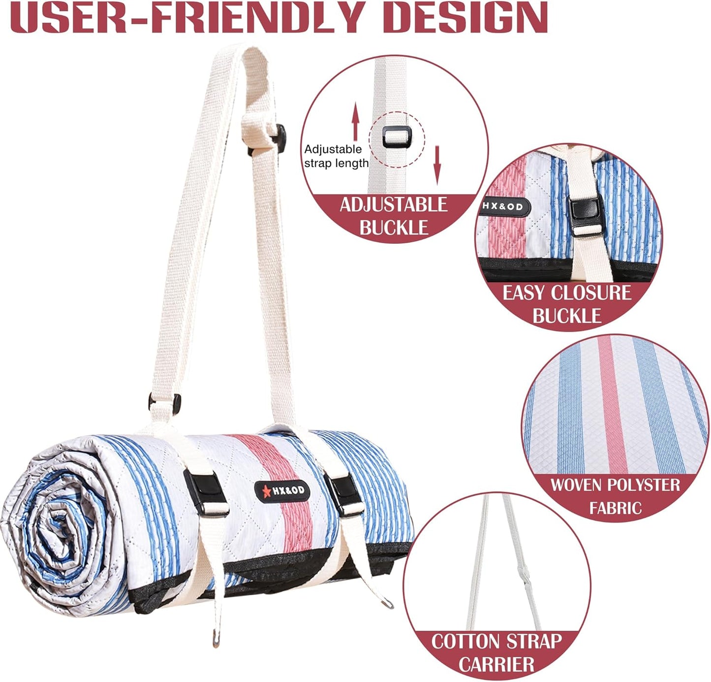 Waterproof Picnic Mat, Outdoor Camping Oversized Field Blanket. Portable Thickened Camping Blanket, Suitable for Beach, Camping, Music Festival, Party, Outdoor Adventure. (Red&Blue&White, 80”x60”)