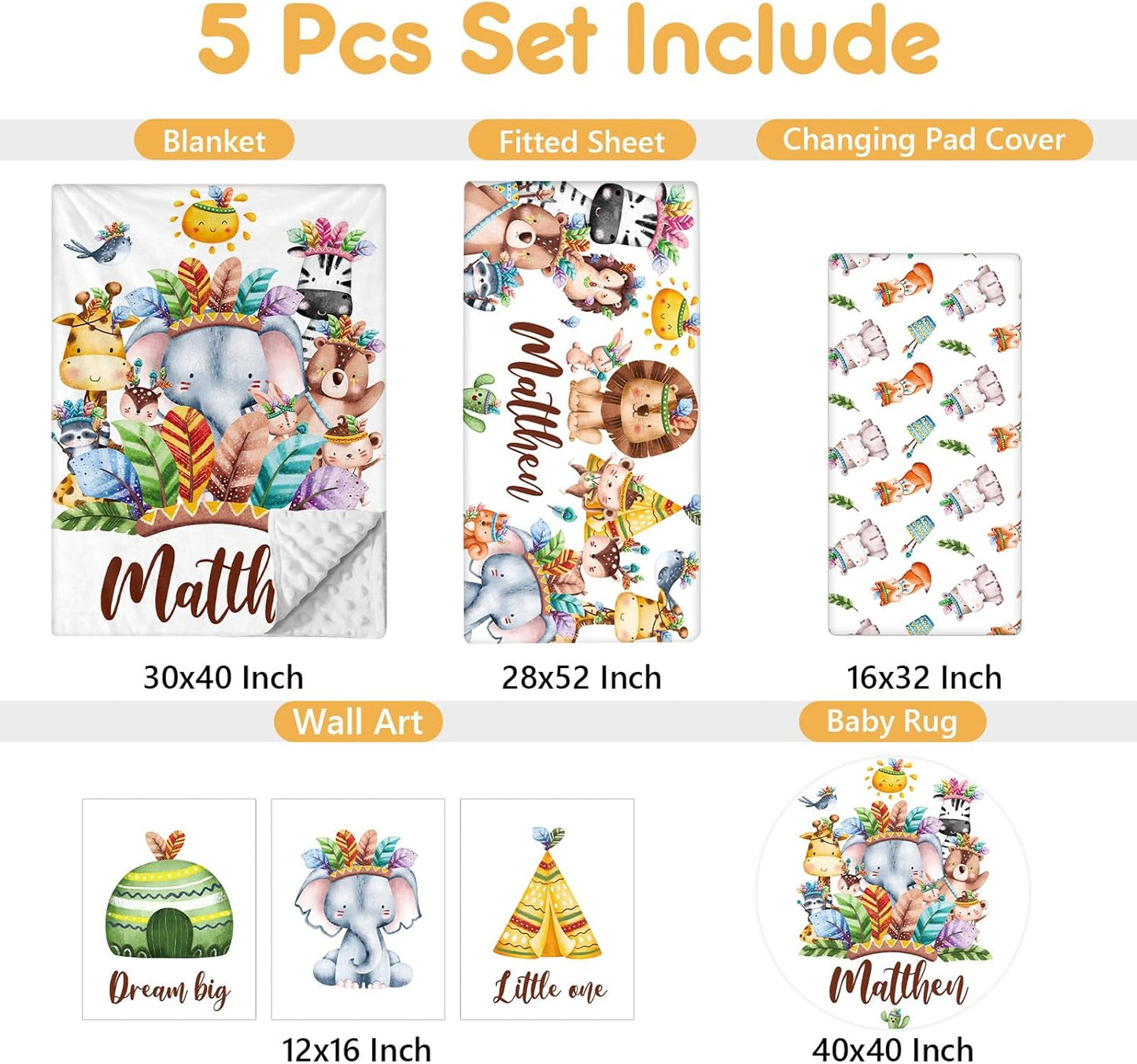 Custom Crib Bedding Set, 5 Pcs Customized Baby Crib Set with Name, Double Layer Baby Bedding Set for Girls Boys, Personalized for Nursery Infants Toddlers, Cute Animals