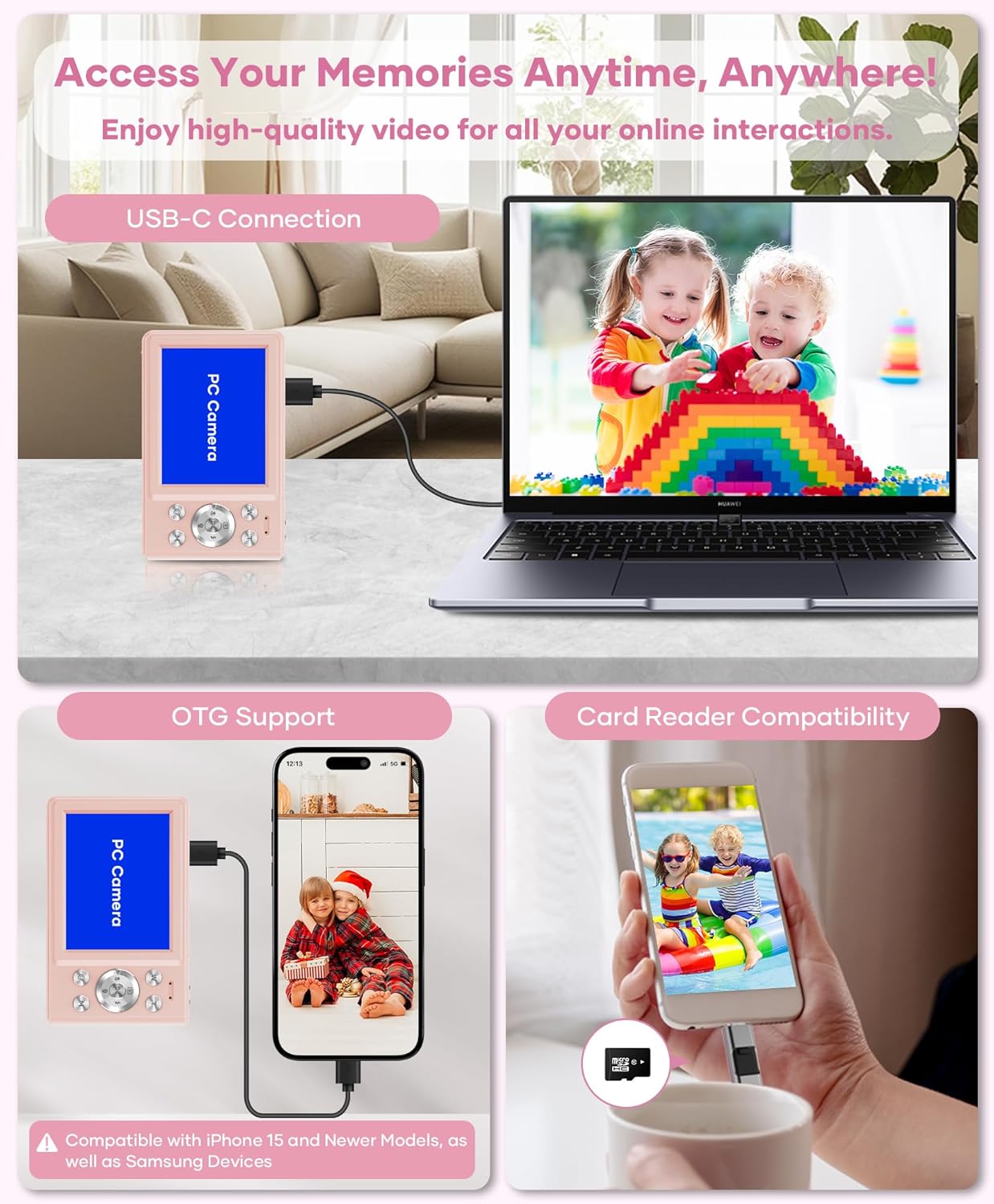 WONNIE Digital Camera 56MP, FHD 1080P Point & Shoot Camera with 32GB SD Card, 2 Batteries, and Lanyard, Ideal for Kids & Teens, Suitable Gift for Girls Pink, 3-Pack