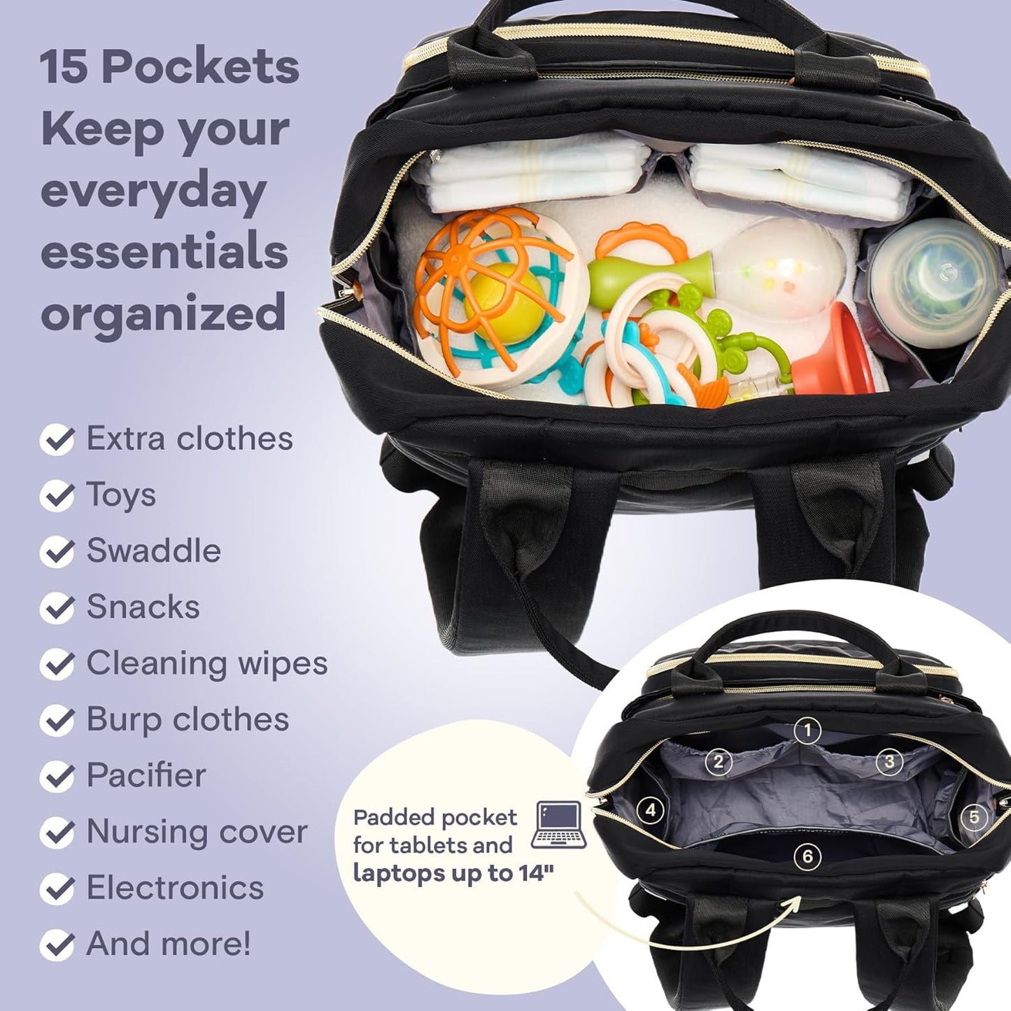 RUVALINO Diaper Bag Backpack-Multifunction Baby Travel Bag, Insulated Bottle Holders & Large Capacity, Waterproof, Deep Black