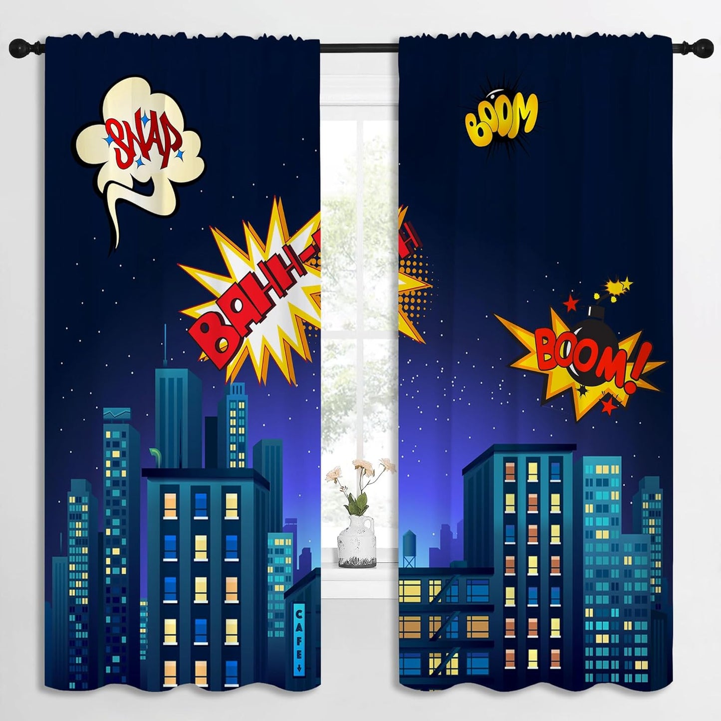 Superhero Rod Pocket Blackout Curtains for Boy Girl Bedroom, Cartoon Skyline Buildings Cityscape Thermal Insulated Home Window Drapes for Living Room Darkening, 72x63 inch