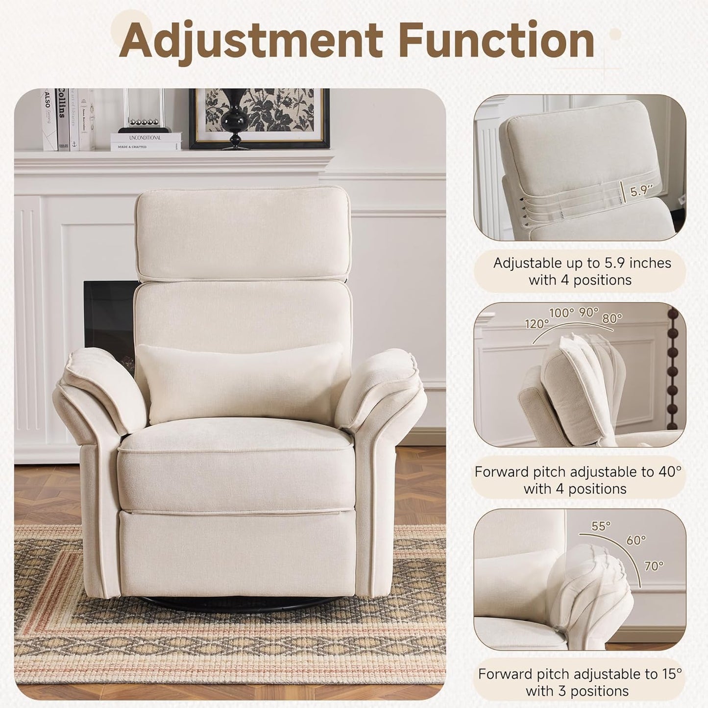 MELLCOM Power Recliner Rocking Chair Nursery Gliders with Adjustable Armrests and Headrest, Swivel Electric Glider Reclining Nursing Chair with USB Port and Storage Bags, FSC Certified