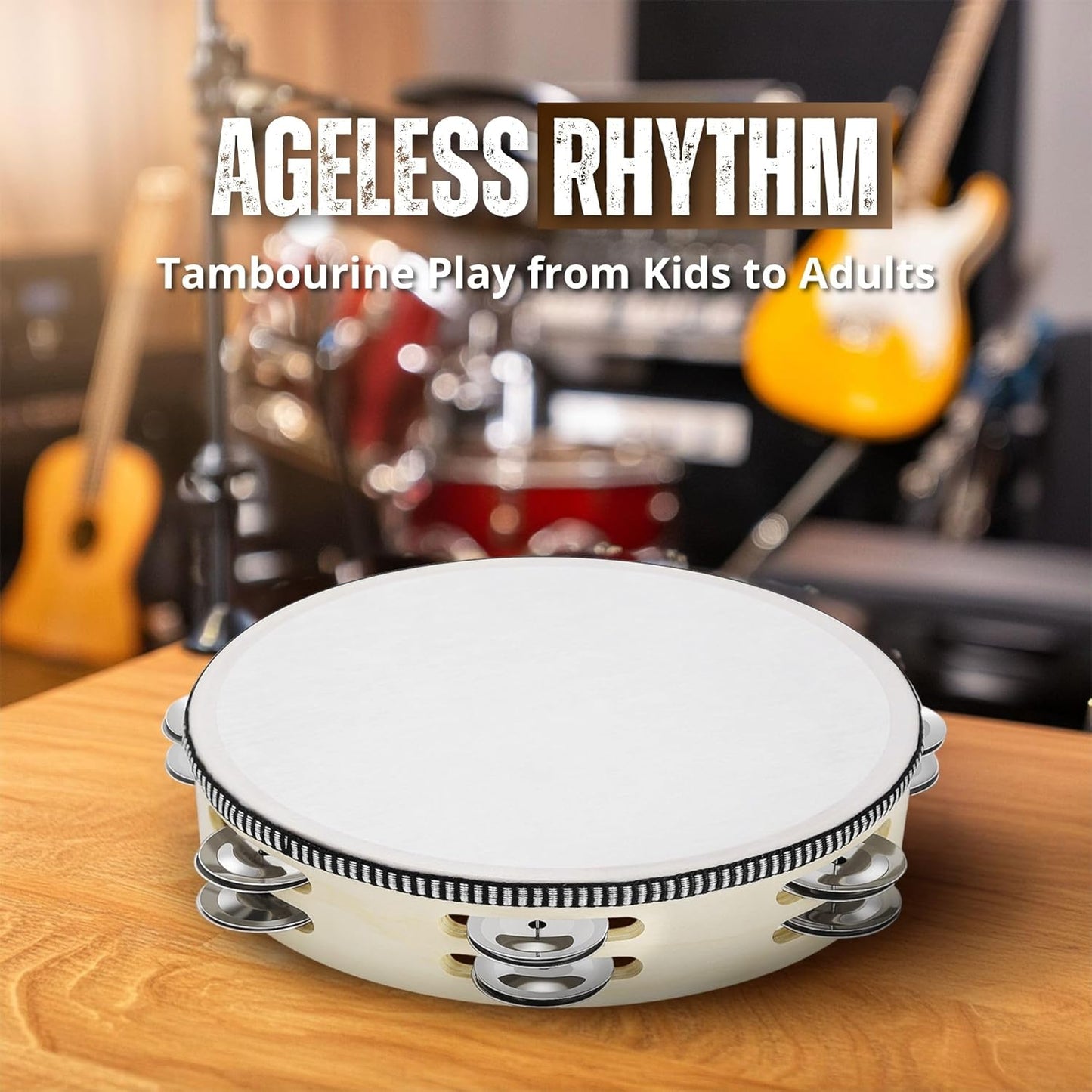 Flexzion Wooden Round Tambourine for Kids and Adults 8" Inch Single Row 8 Pair Jingles, Wood Handheld Percussion Instrument for Beginner and Professional Tambourine Player