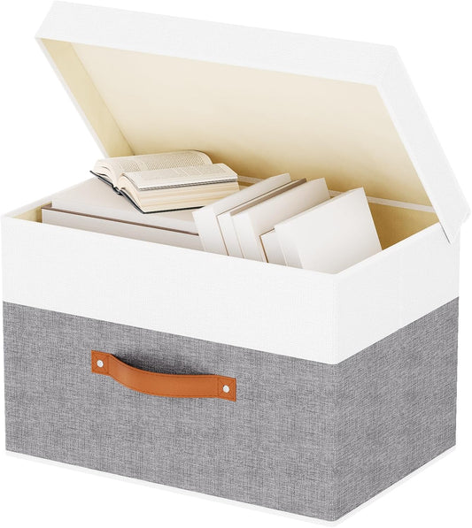 Fabric Storage Boxes with Lids, Linen Foldable Cloth Baskets, Closet Organizer Containers with Double Handles, Sweater Bins for Bedroom, White and Grey, 1 Pack, 13 x 9.1 x 7.9 Inch